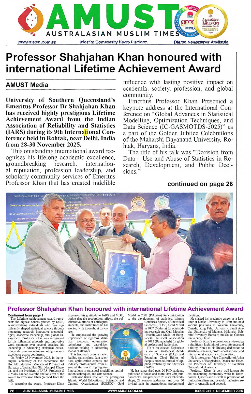 Professor Shahjahan Khan honoured with international Lifetime Achievement Award.