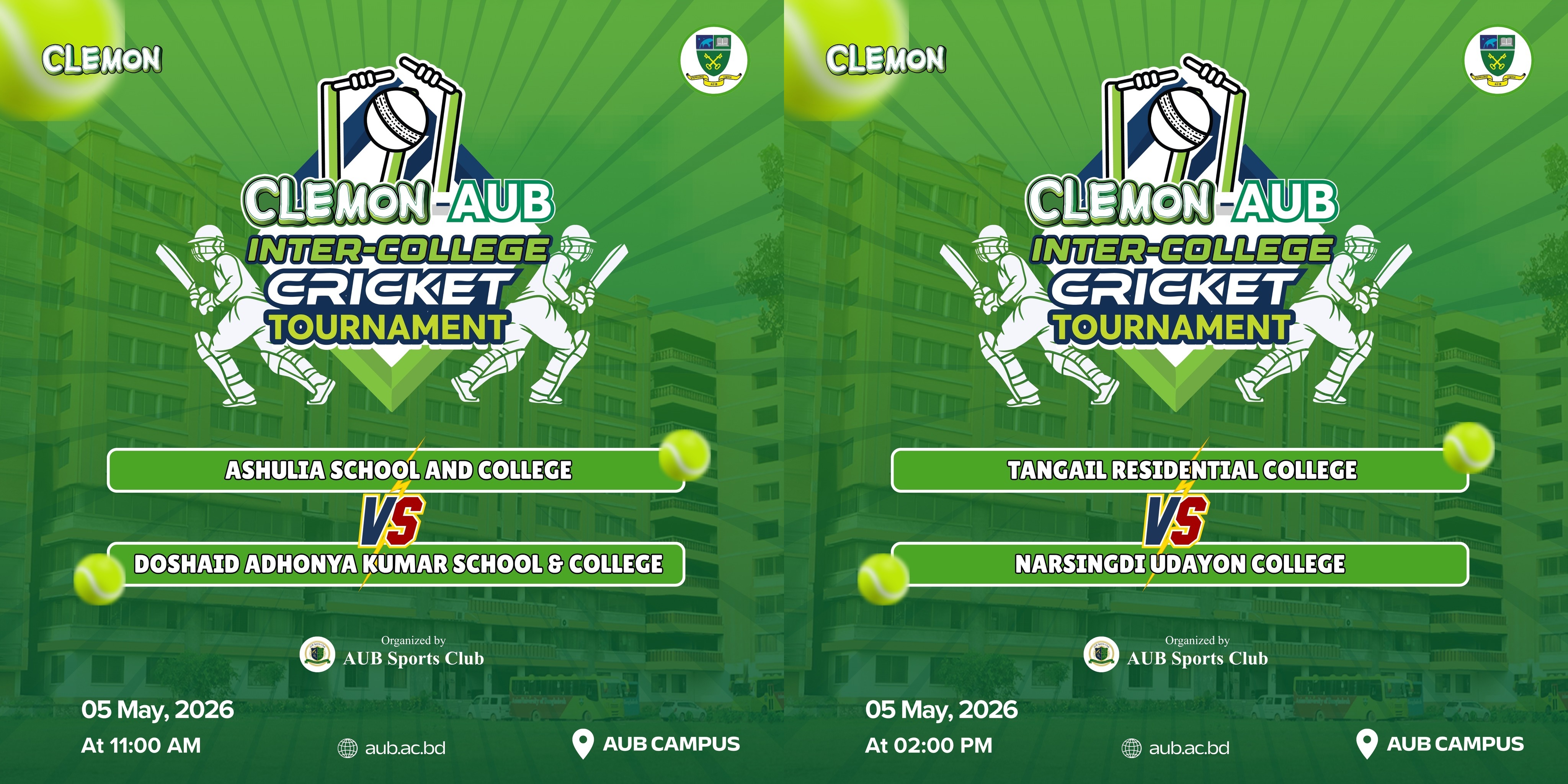 Get ready for an action-packed day of cricket! The CLEMON-AUB Inter-College Cricket Tournament is heating up with two massive fixtures scheduled for May 5th. 🏏🔥