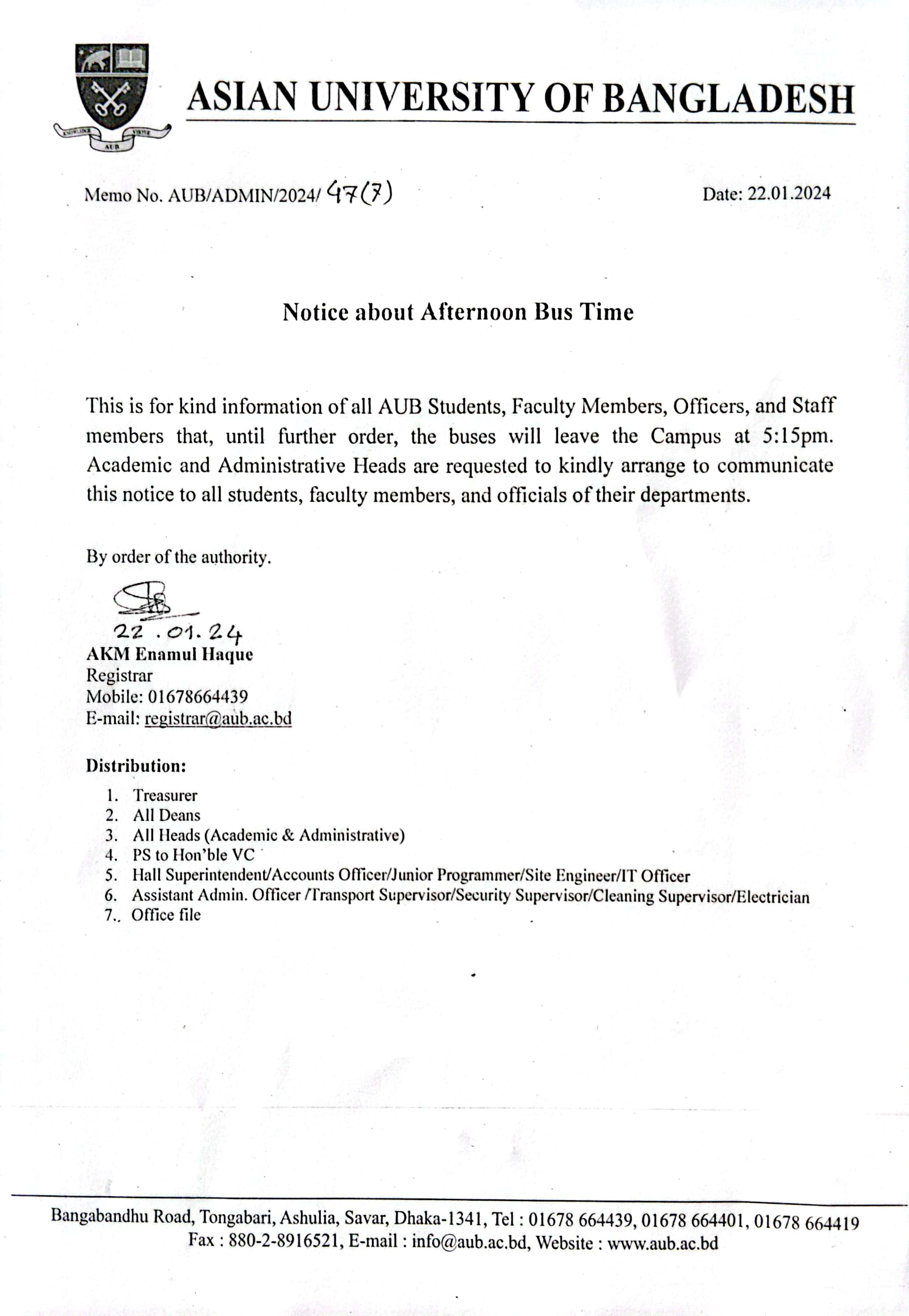 Notice for Afternoon Bus Time