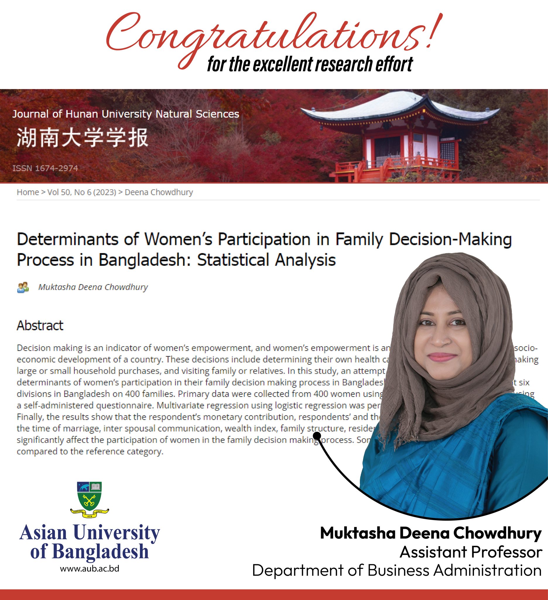 Congratulations for the excellent research effort Ms Muktasha Deena Chowdhury, Assistant Professor, Dept of Business Administration, AUB. One of her research papers has been published in Scopus-indexed Q2 ranking journal. image