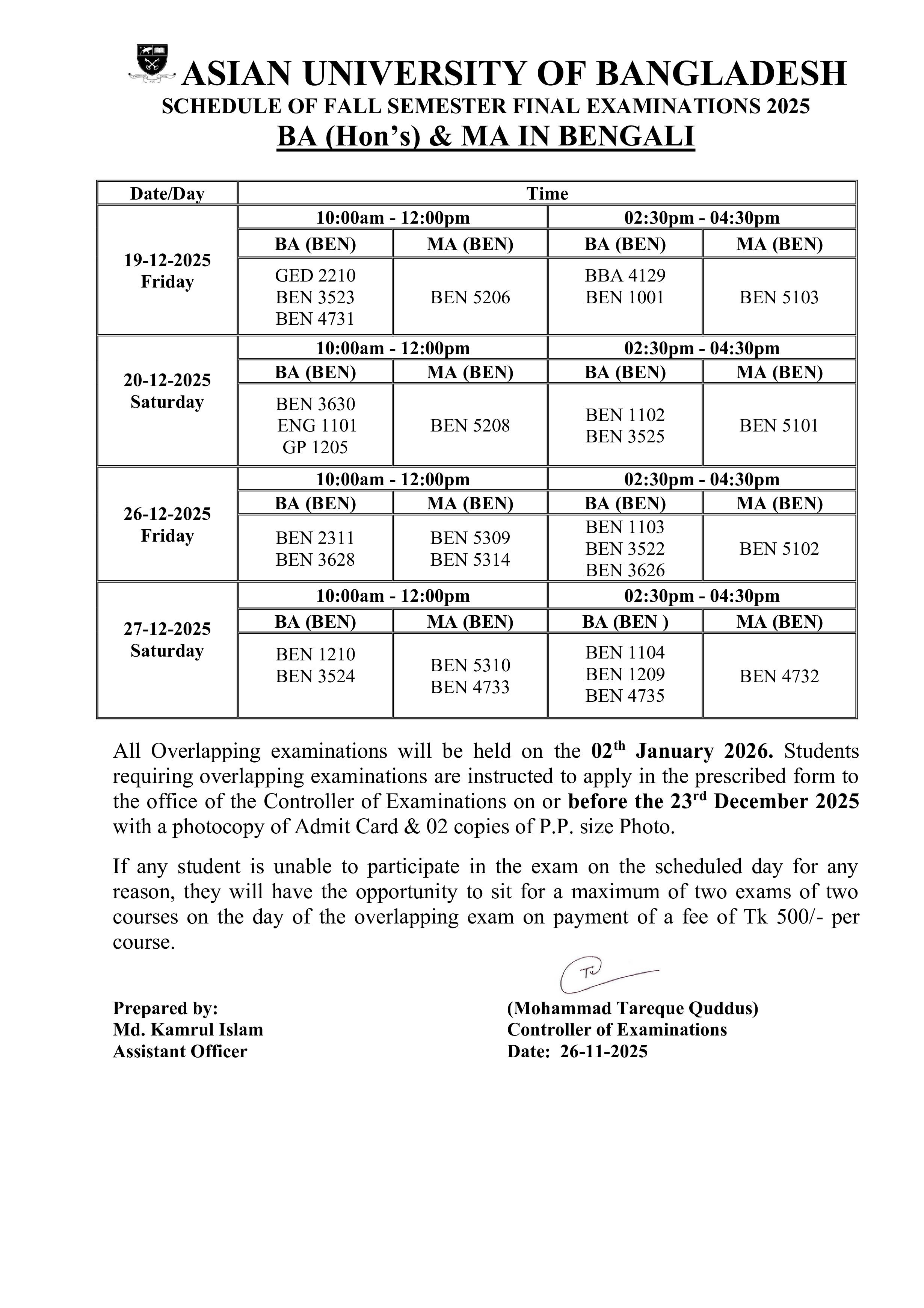 Fall 2025 Semester Final Exam Routine image
