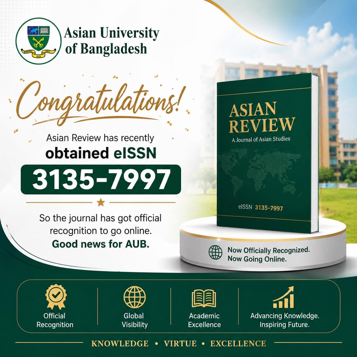 Good news for AUB!  Asian Review has officially obtained eISSN 3135-7997, achieving recognition as an online academic journal. A significant step forward in our journey toward greater academic visibility and research excellence. image
