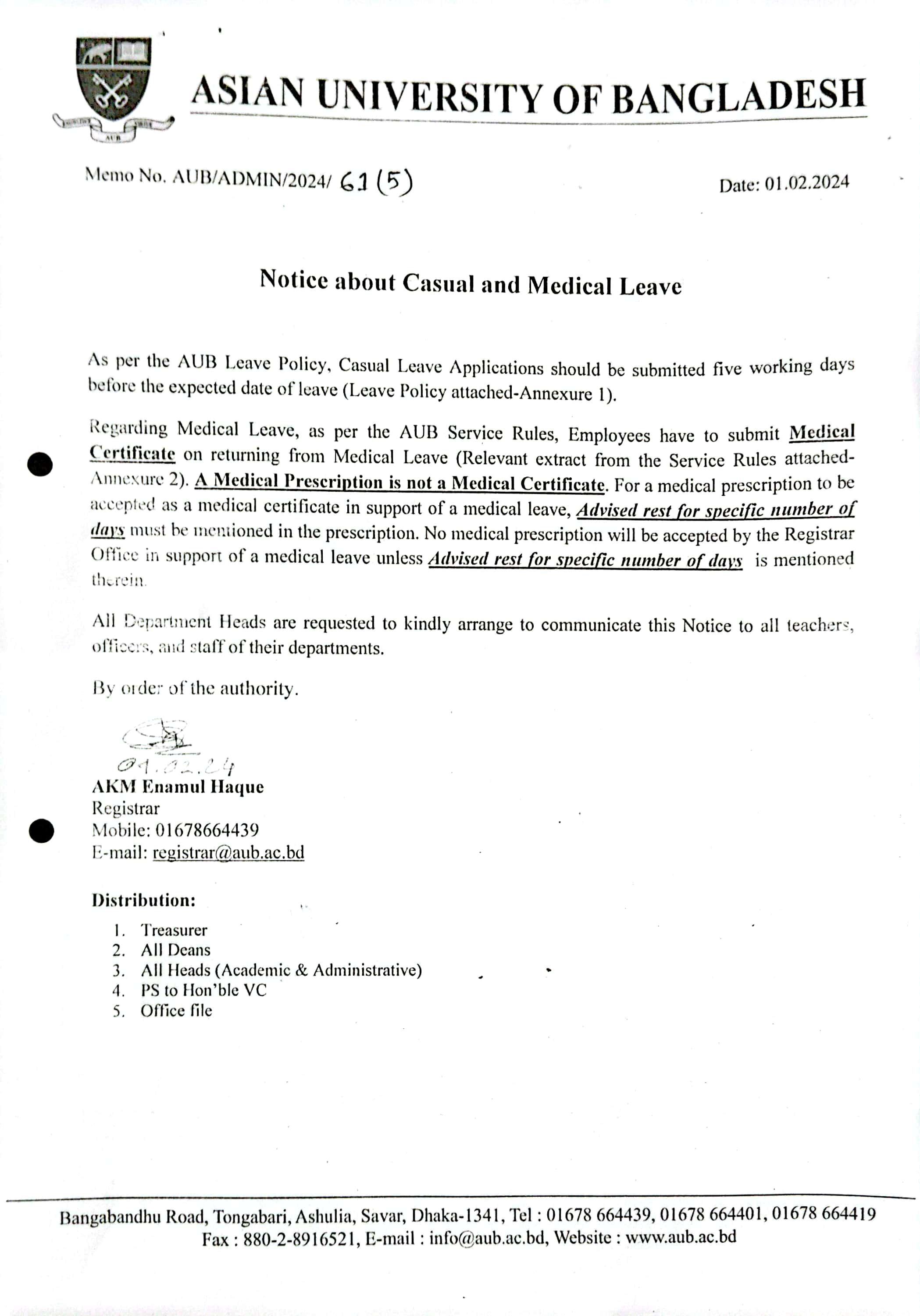 Notice about Casual & Medical Leave