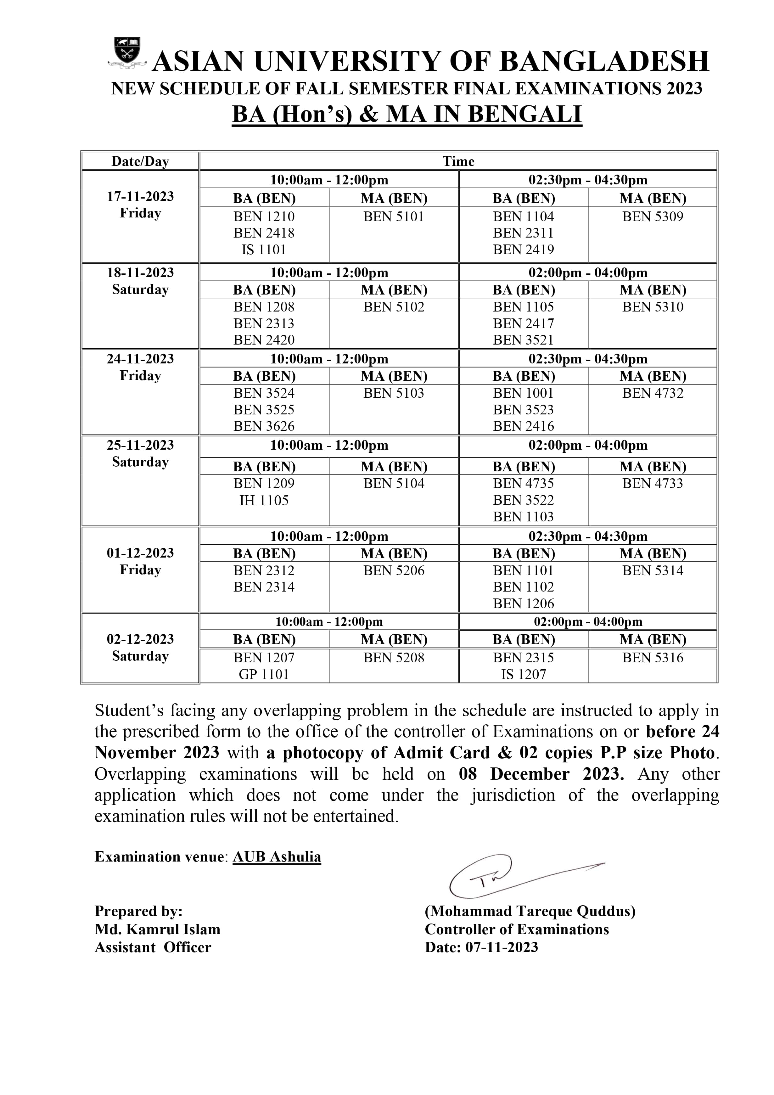 Fall 2023 Semester Final Exam Routine - Department of Bengali