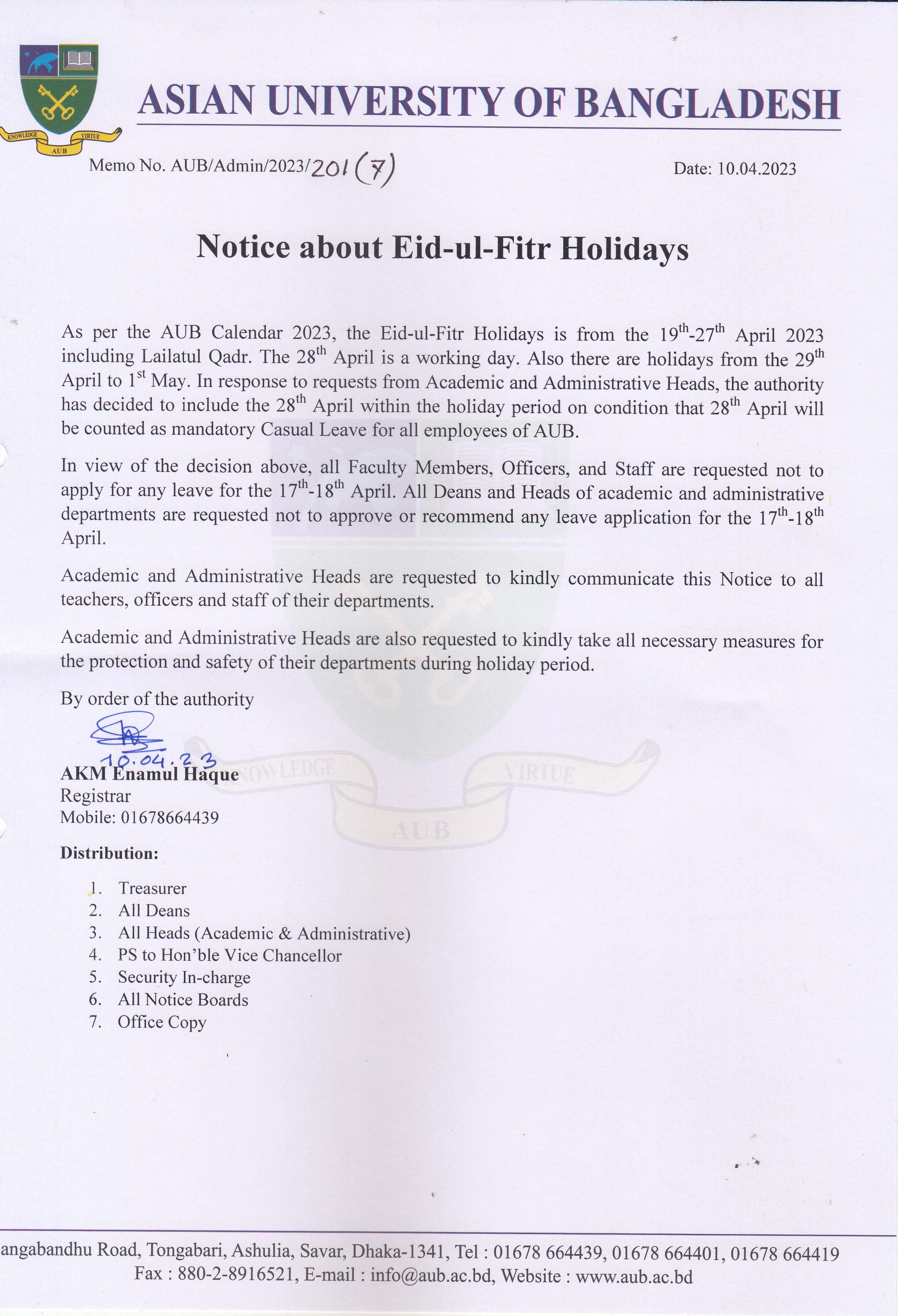 Eid Ul Fitr 2023 Holiday Notice