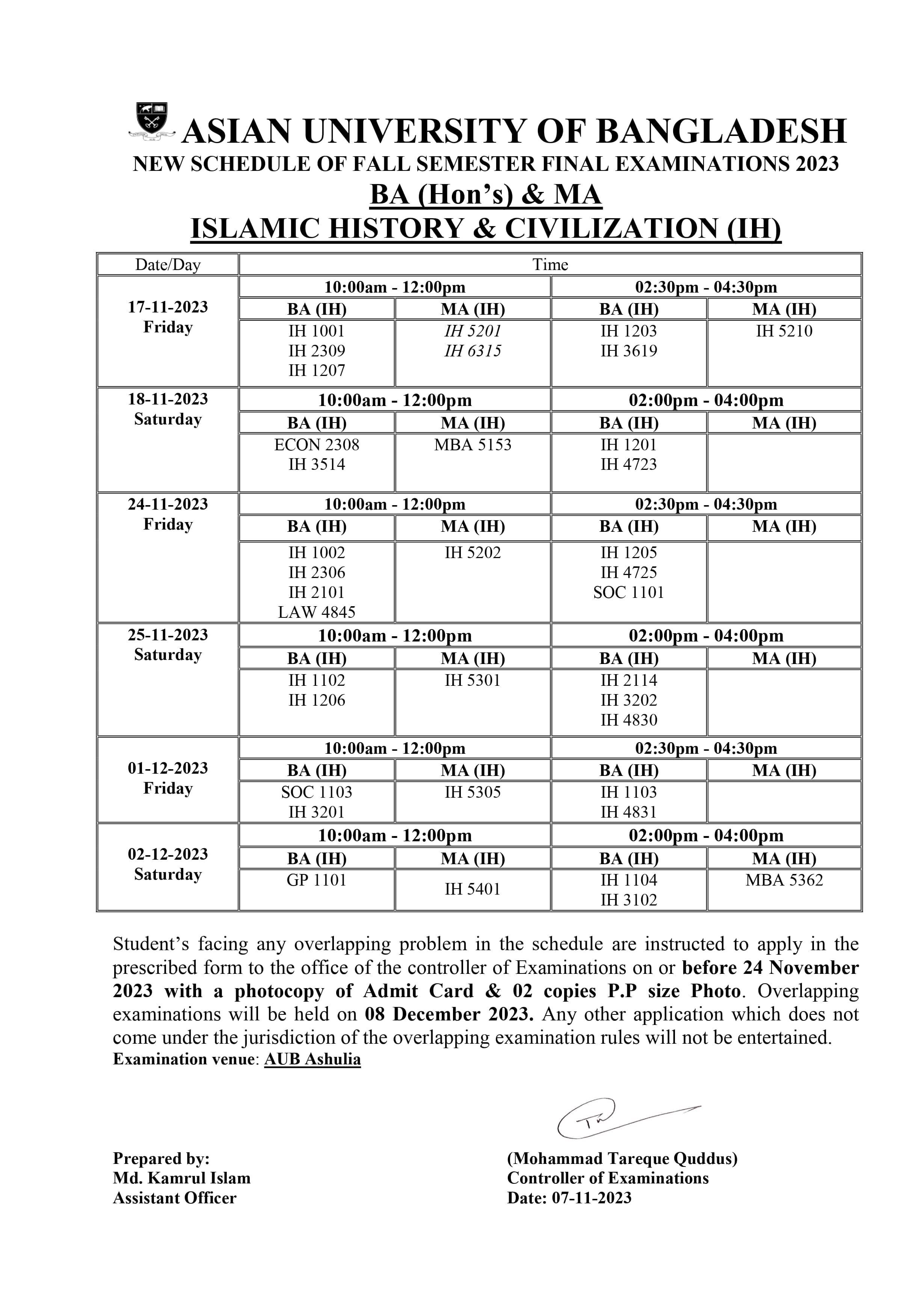 Fall 2023 Semester Final Exam Routine - Department of Islamic History and Civilization