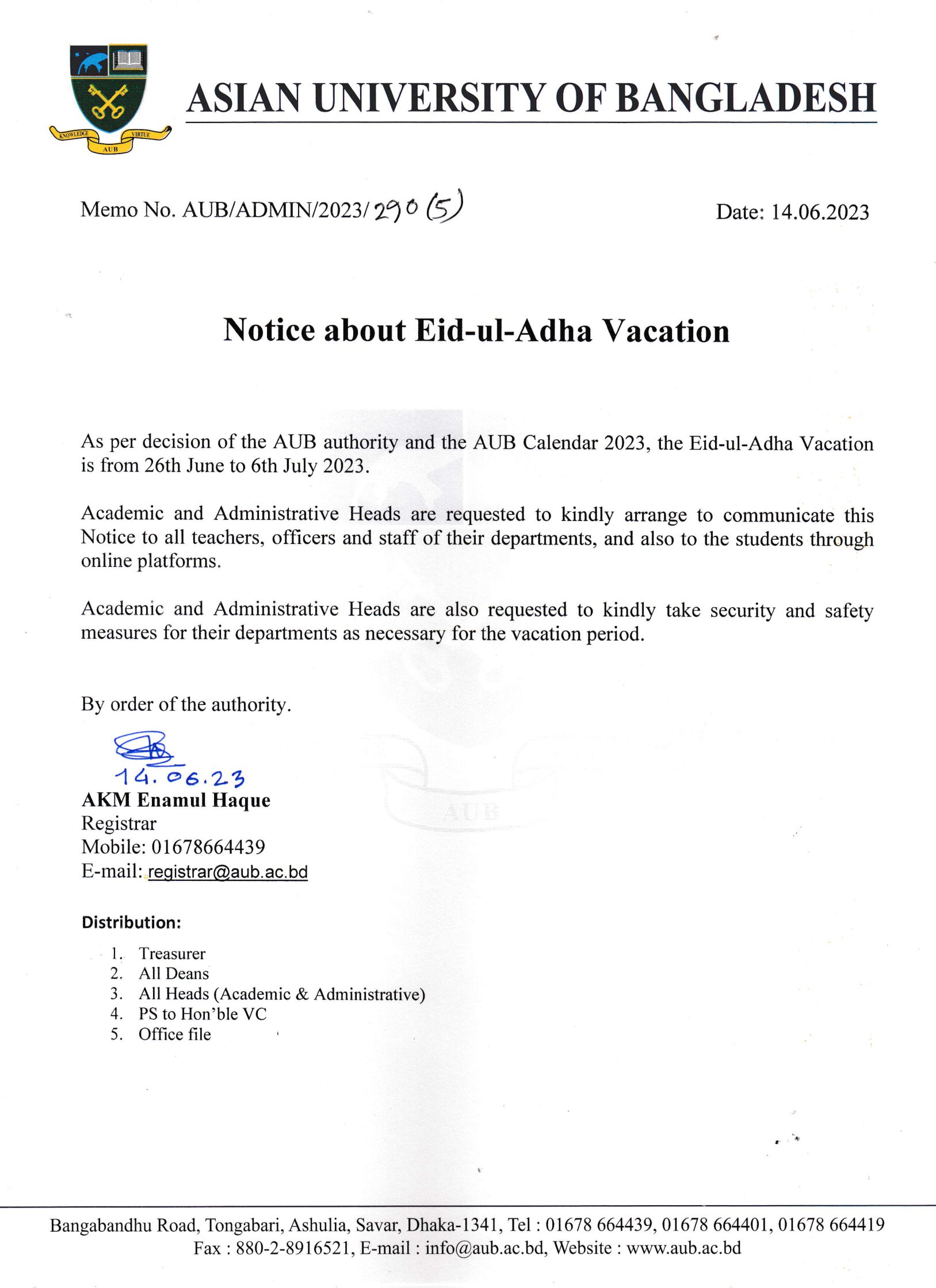 Notice about Eid-ul-Adha 2023 vacation