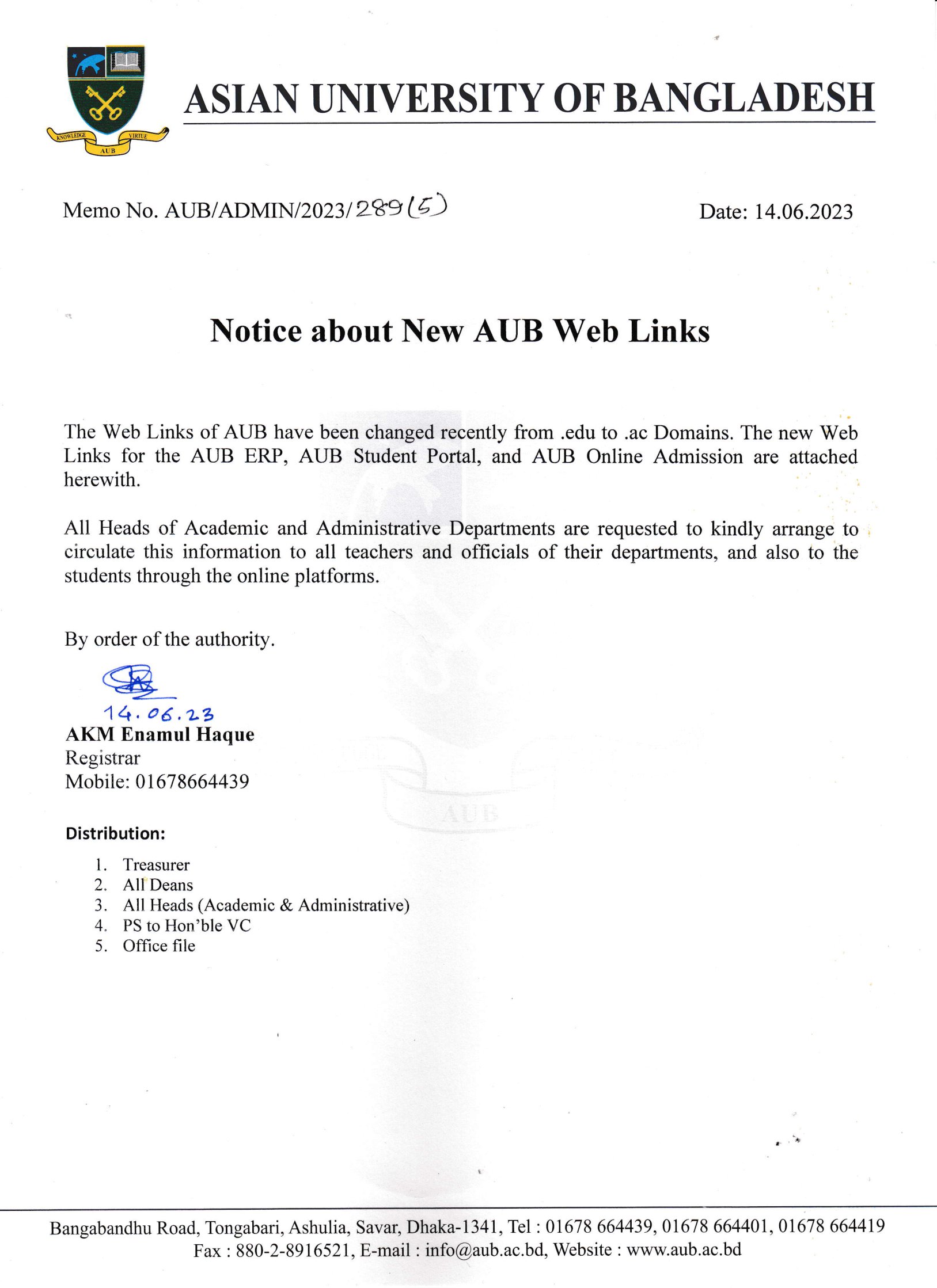 NOTICE ABOUT NEW AUB WEB LINKS
