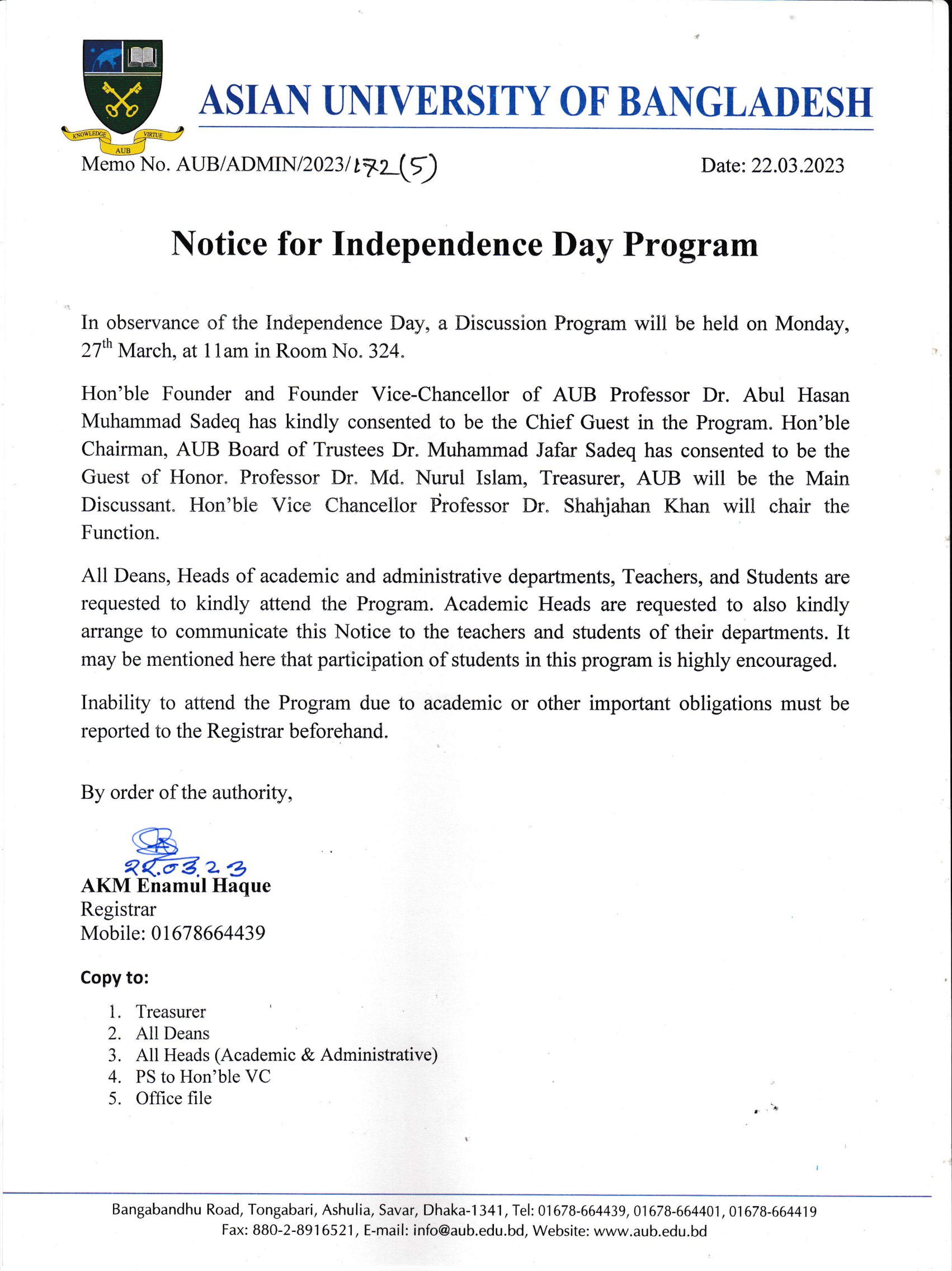 Notice for Independence Day Program in AUB