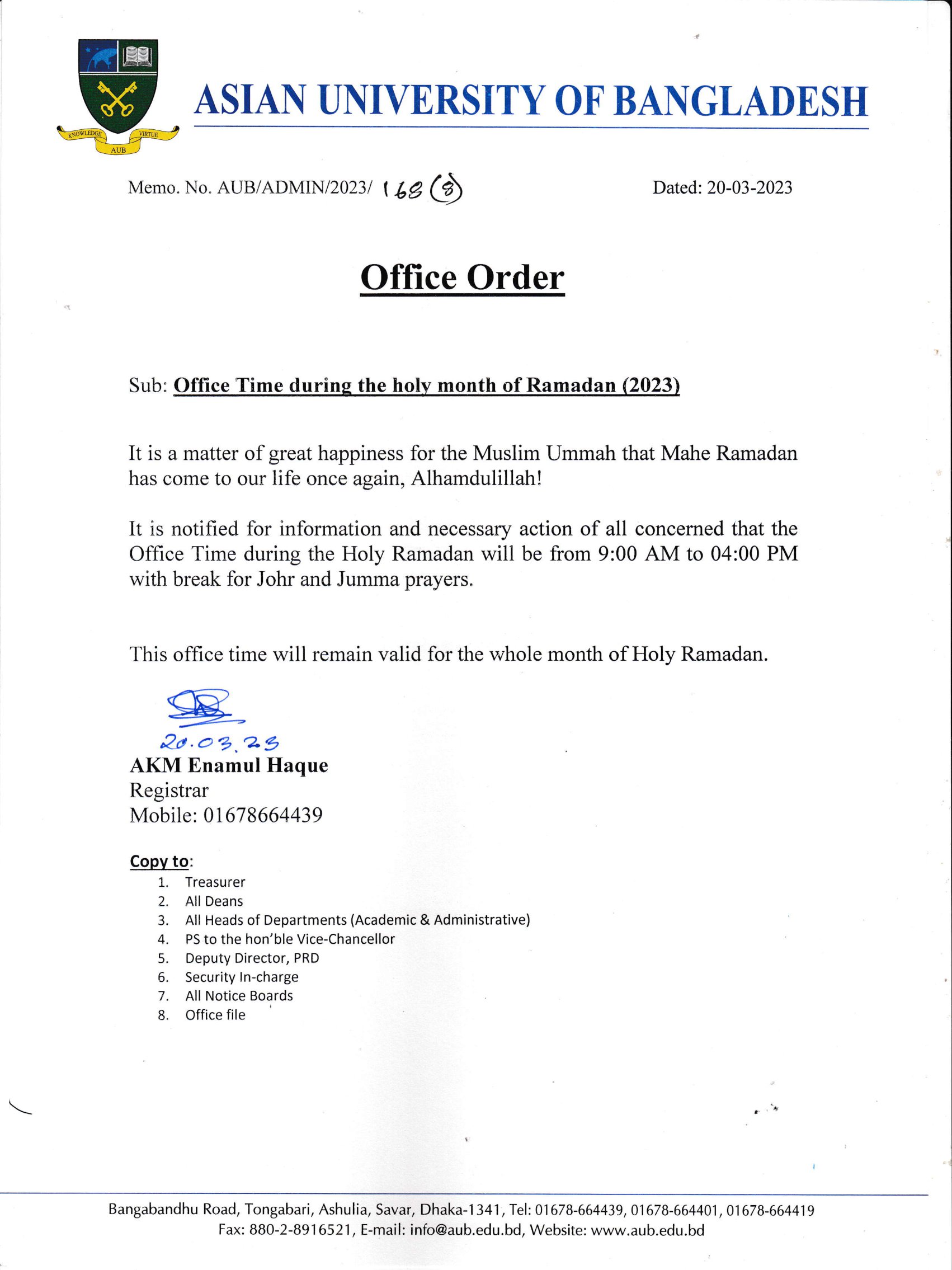 Notice for Office Time During the Holy Month of Ramadan