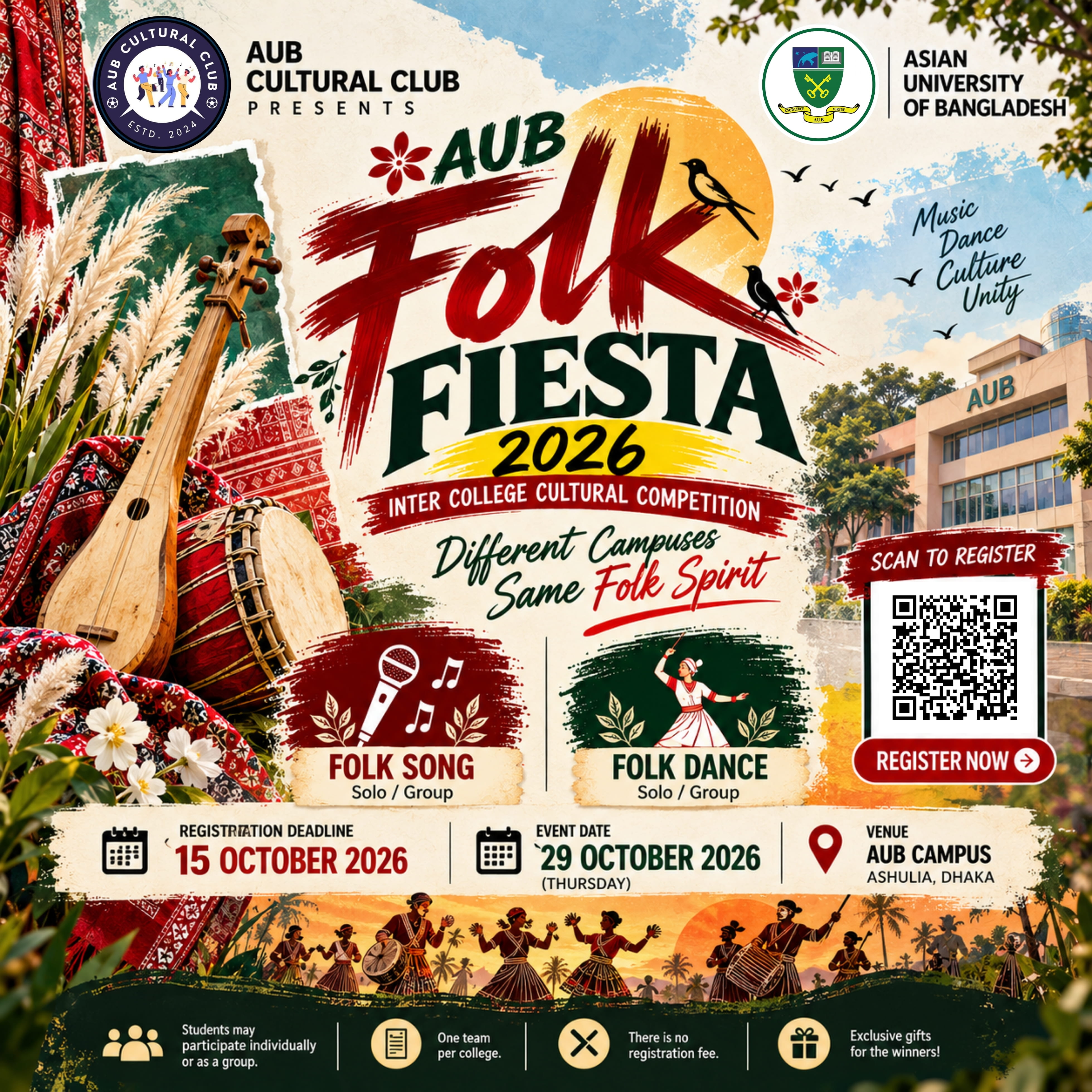 AUB FOLK FIESTA 2026  Inter-College Cultural Competition  Different Campuses • Same Folk Spirit • One Stage image