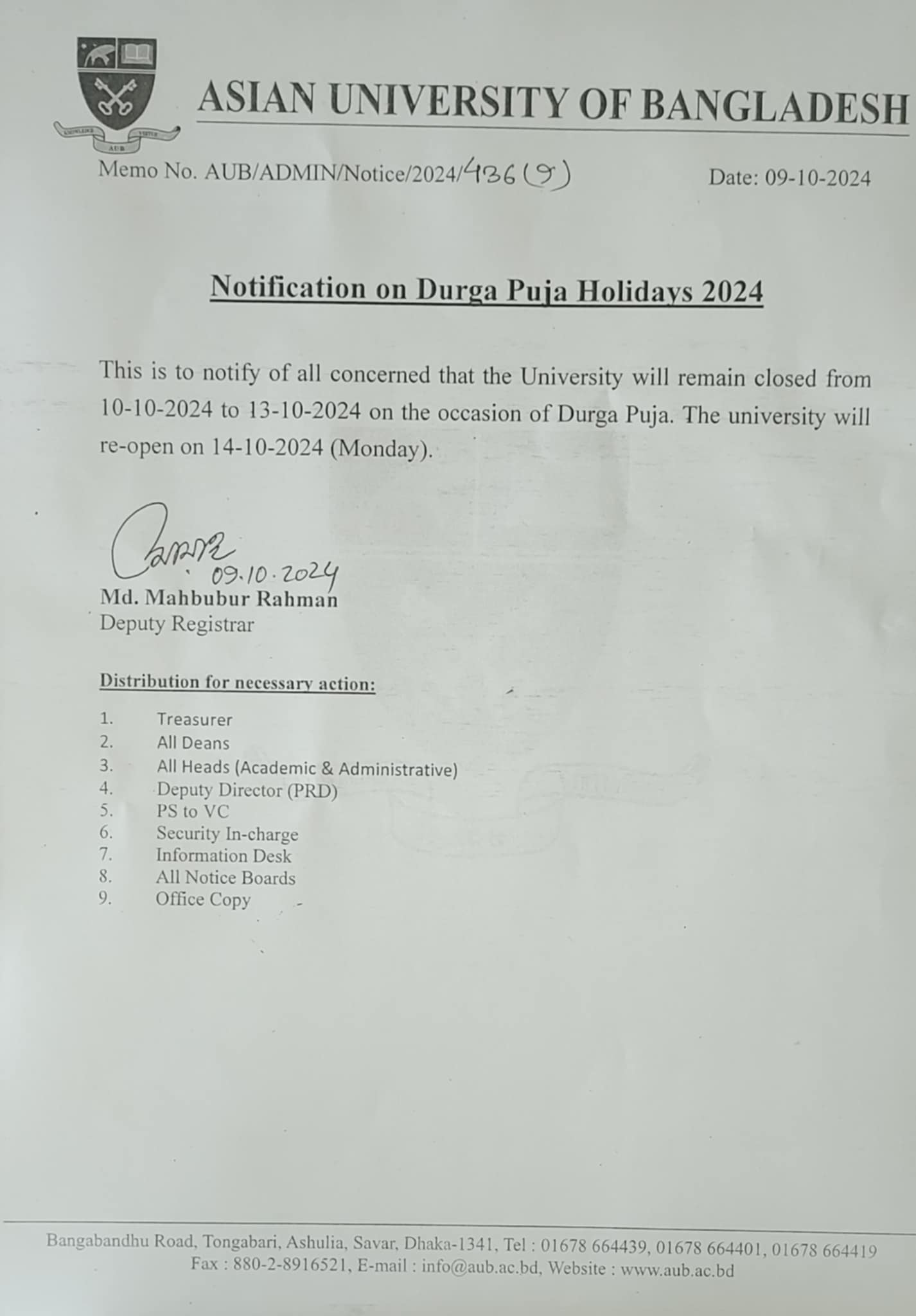 Notice for Durga Puja Holiday 2024