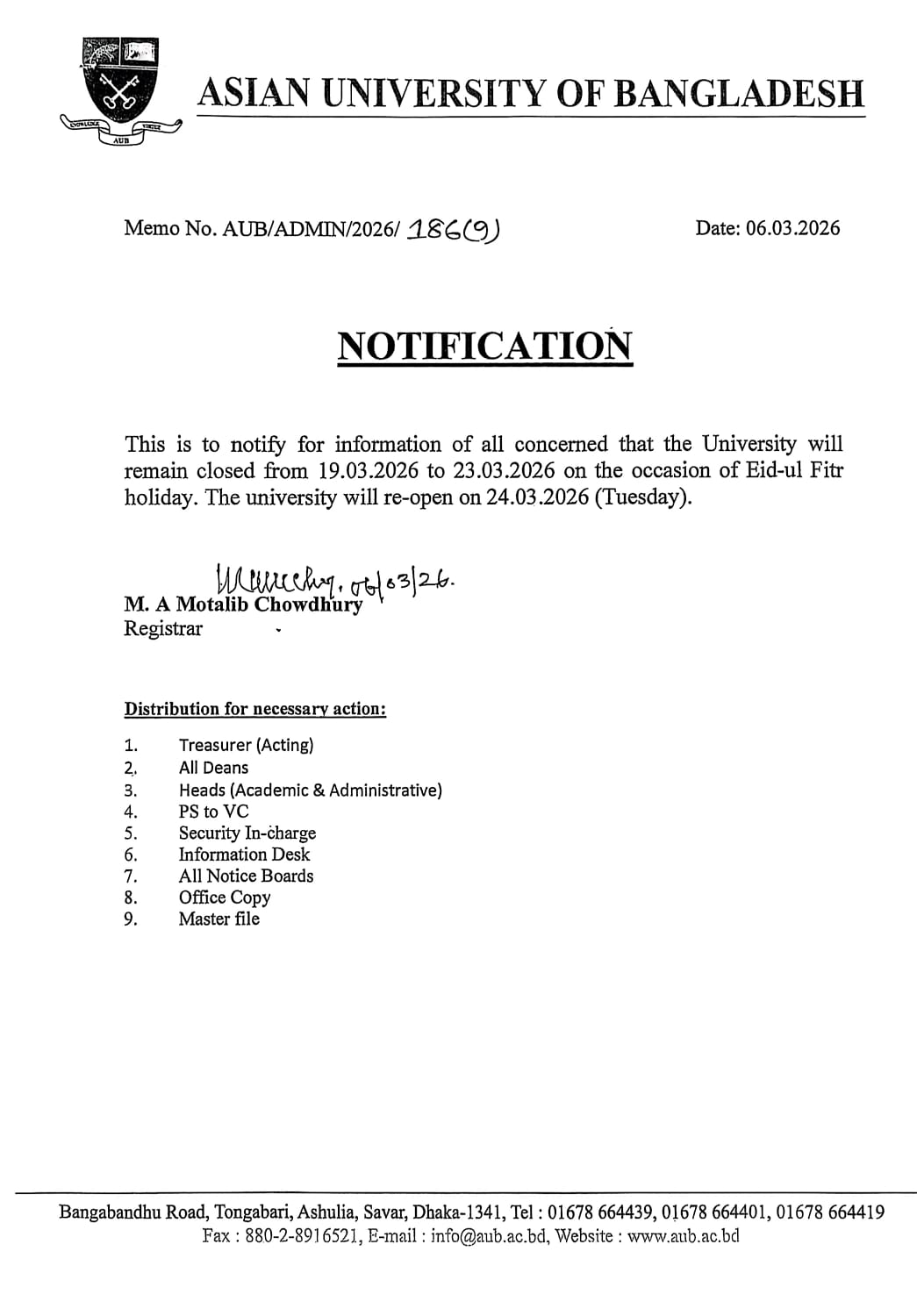 University closure for Eid-ul Fitr holiday. image