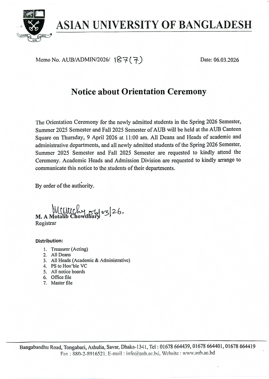 Orientation Ceremony Notice for newly admitted students (Spring 2026, Summer 2025, and Fall 2025 semesters) image