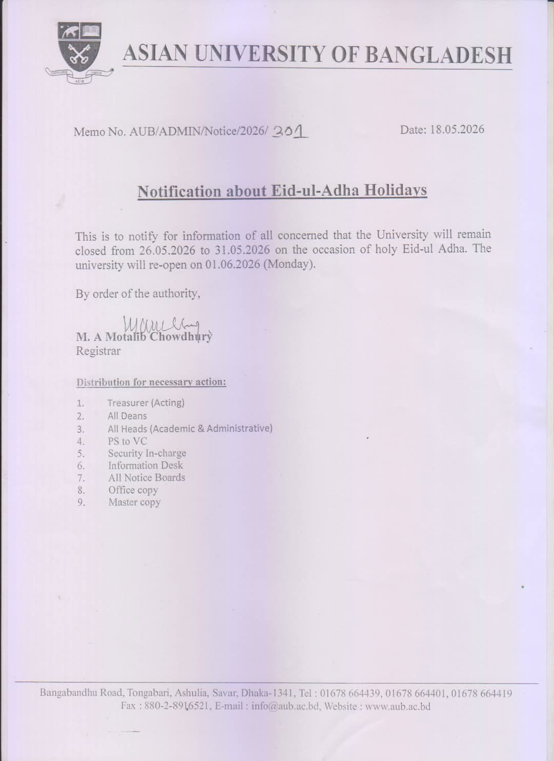 Eid ul Adha 2026 Holiday Notice