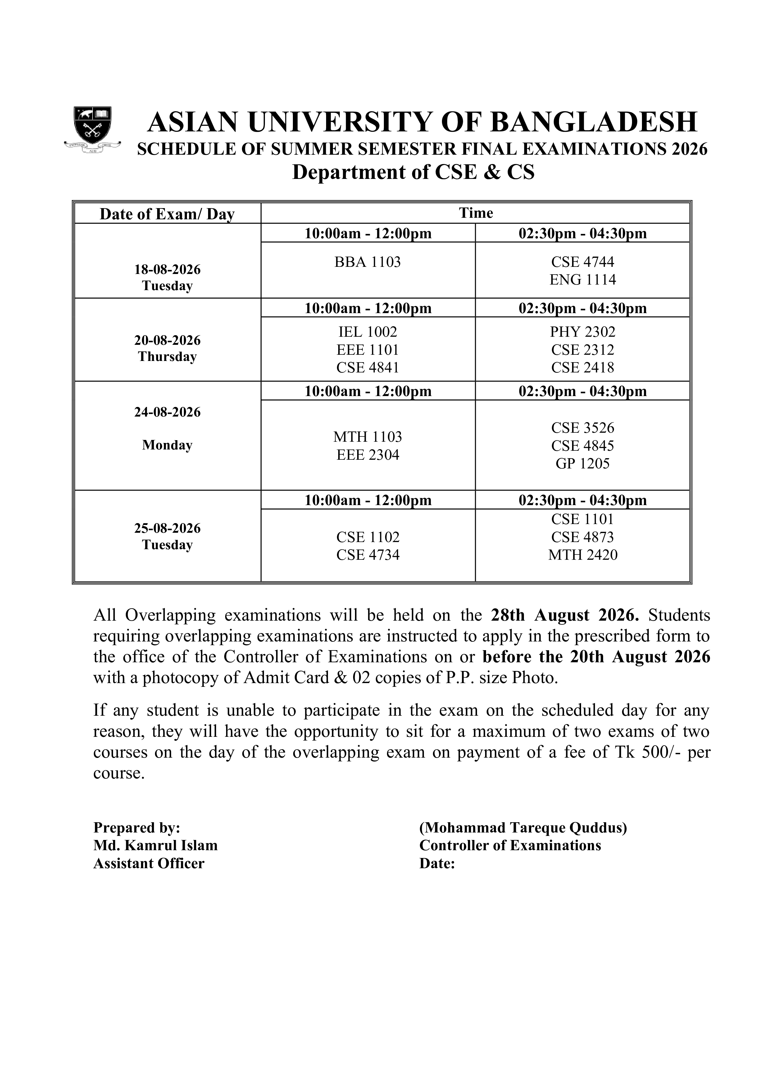 Summer 2026 Semester Final Exam Routine