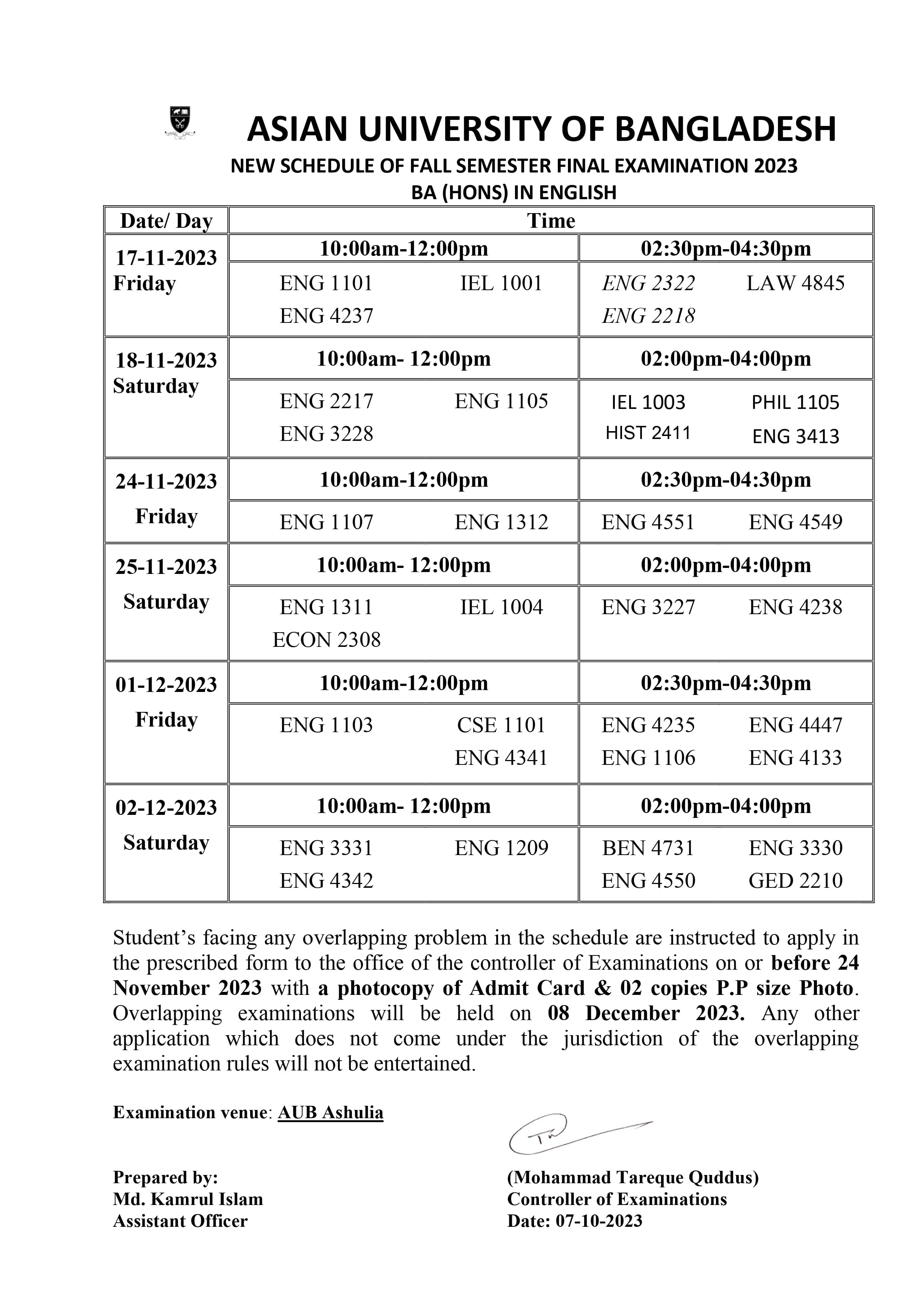 Fall 2023 Semester Final Exam Routine - Department of English