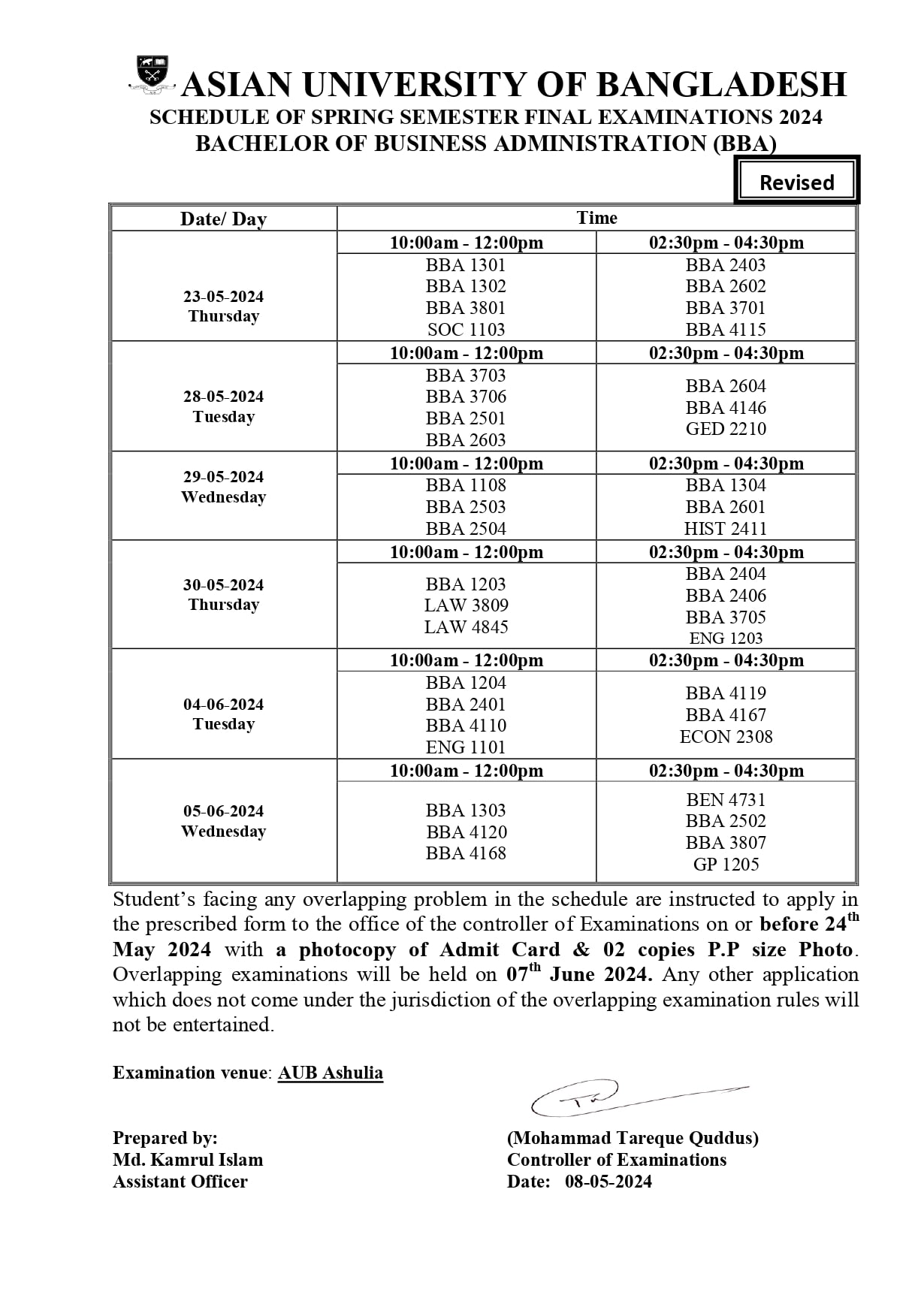 Spring 2024 Final exam Routine - Dept. of Business Administration