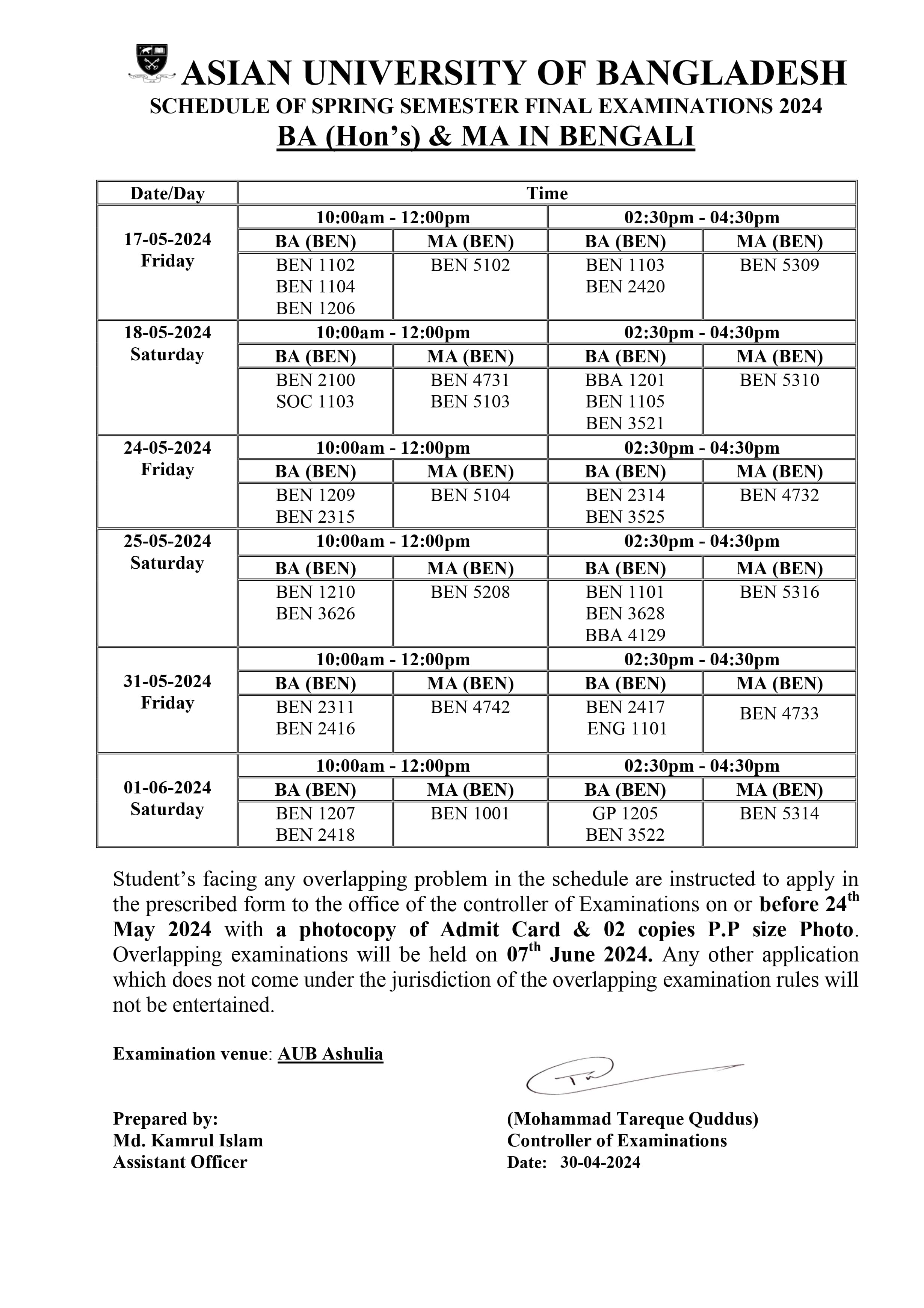 Spring 2024 Final exam Routine - Dept. of Bengali