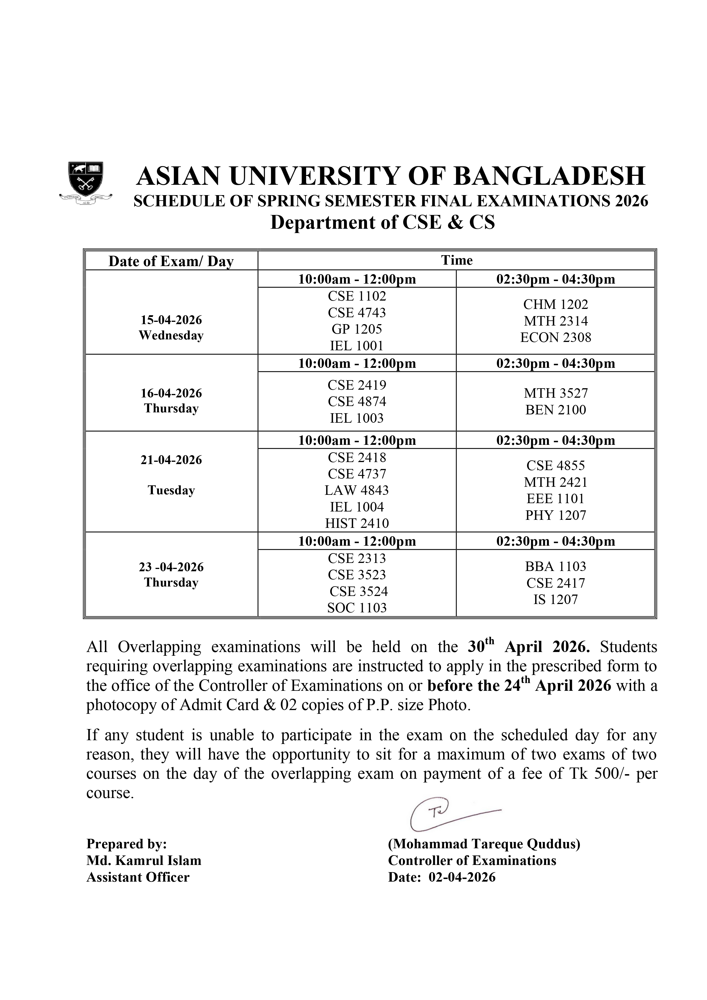 Spring 2026 Semester Final Exam Routine image