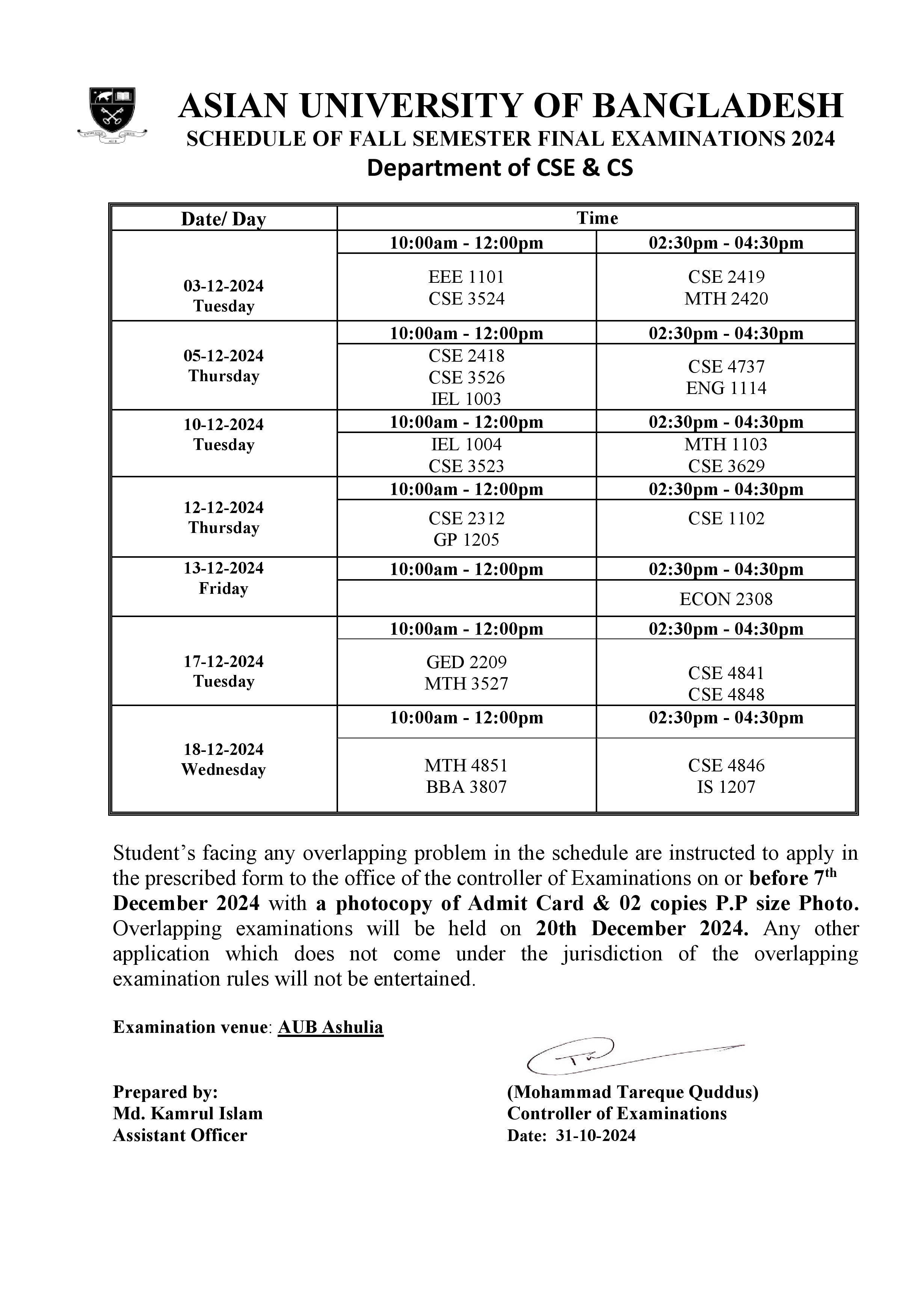 Fall 2024 Semester Final Exam Routine image