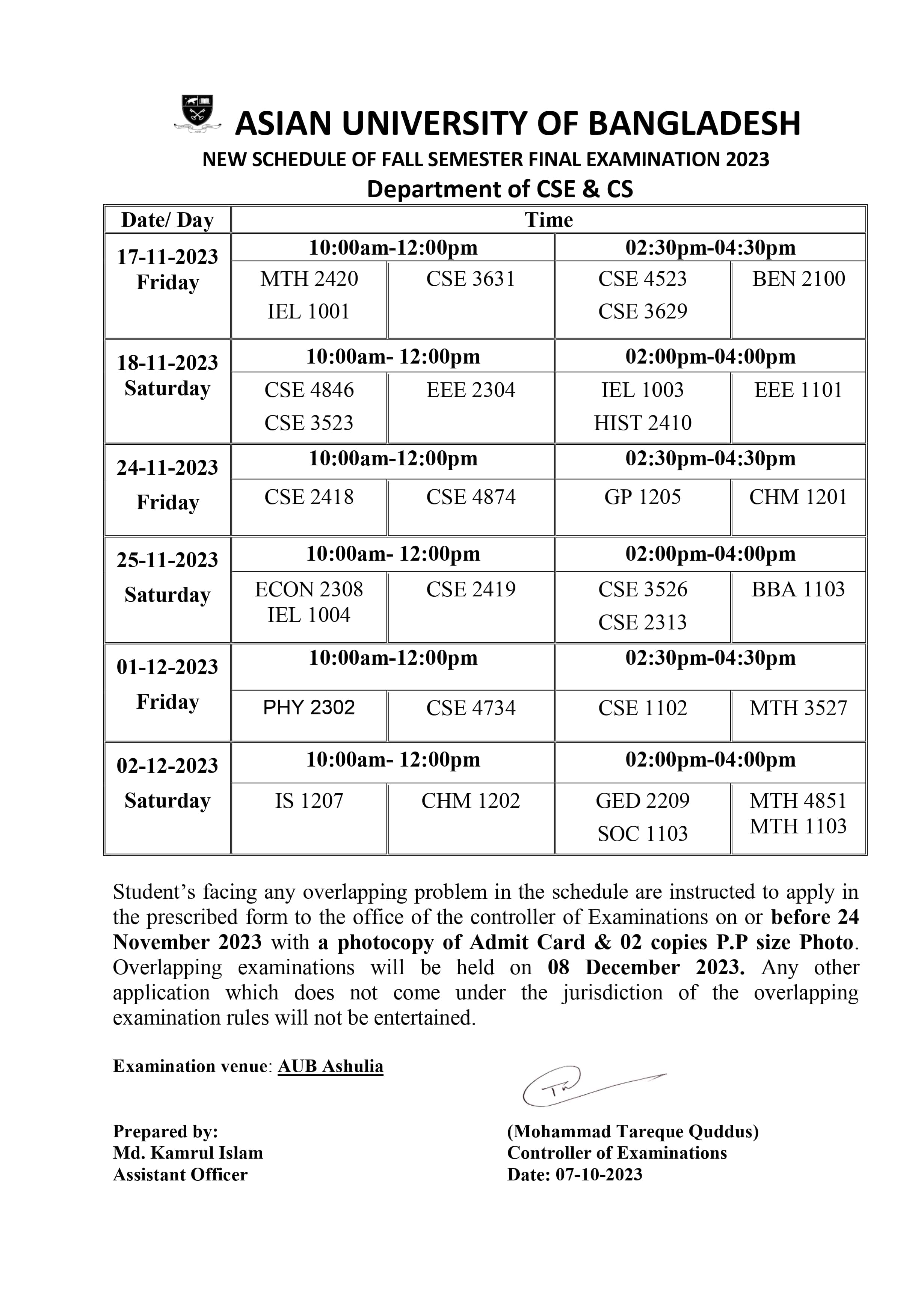 Fall 2023 Semester Final Exam Routine - Department of Computer Science and Engineering image