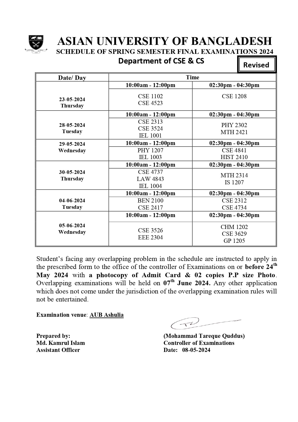 Spring 2024 Final exam Routine - Dept. of Computer Science and Engineering