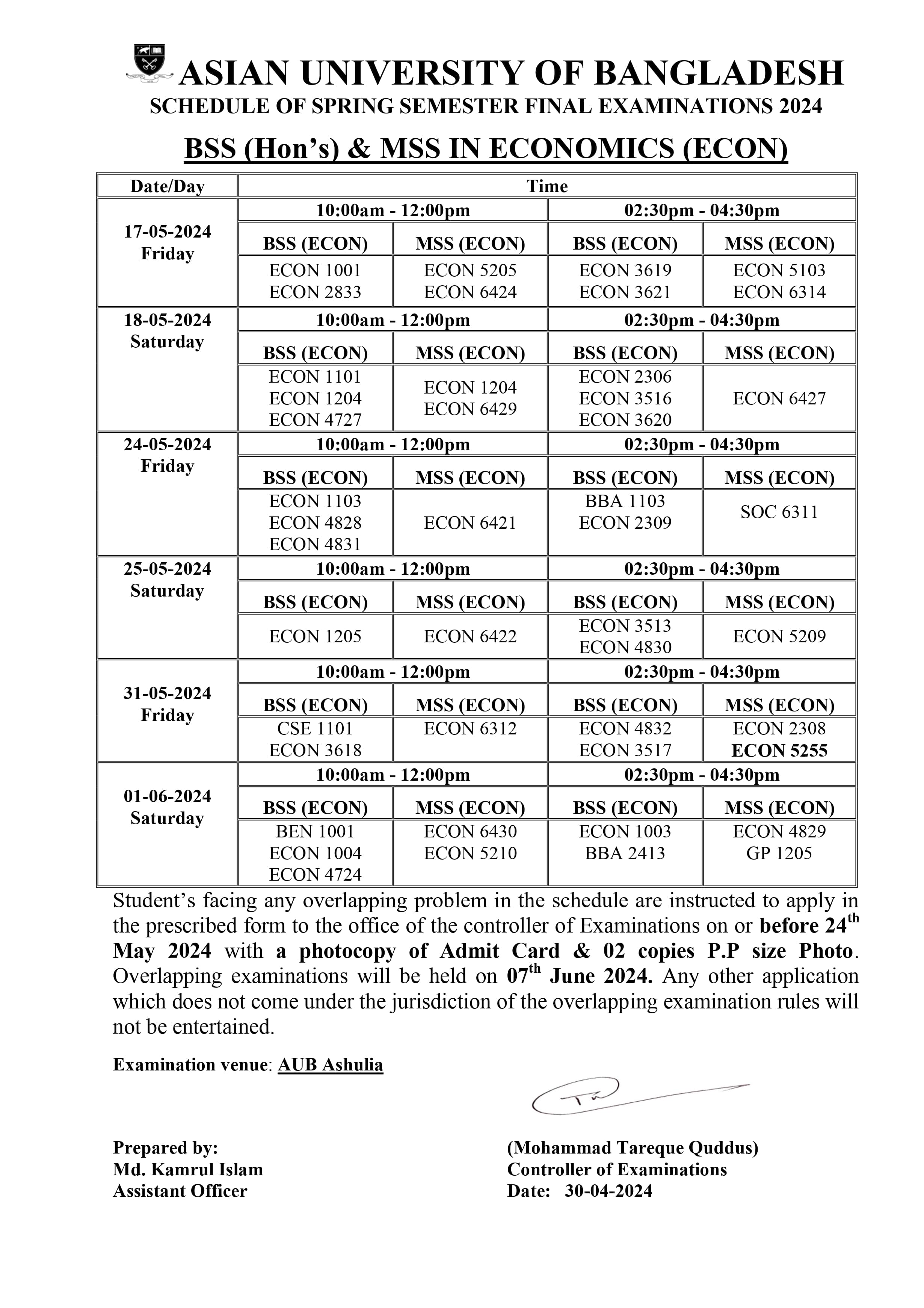 Spring 2024 Final exam Routine - Dept. of Economics