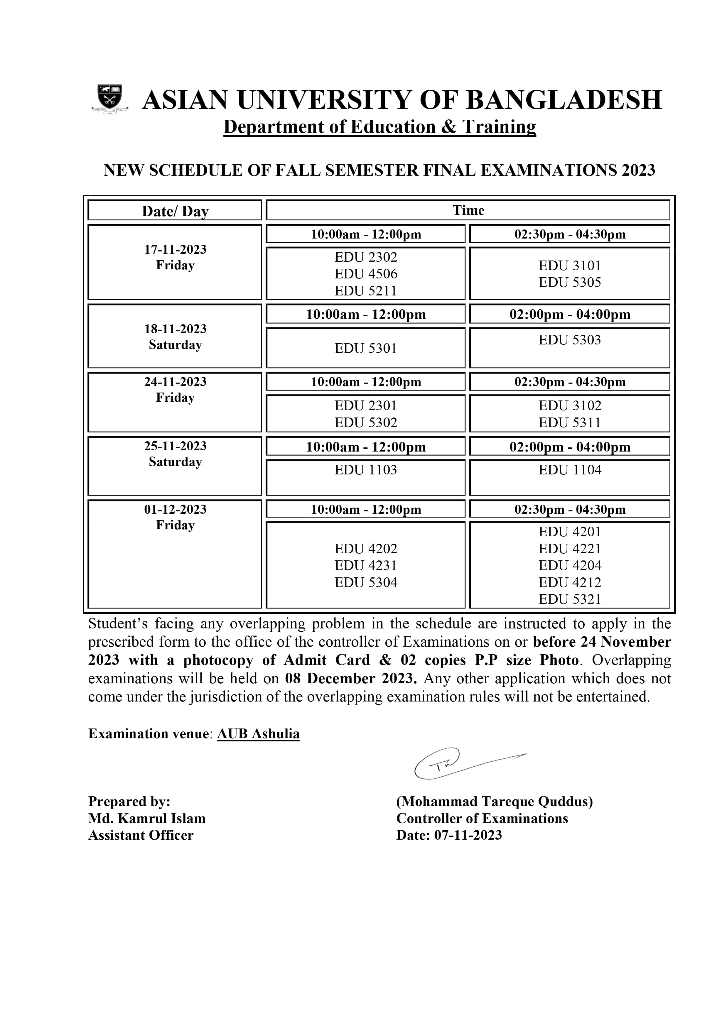 Fall 2023 Semester Final Exam Routine - Department of Education and Training