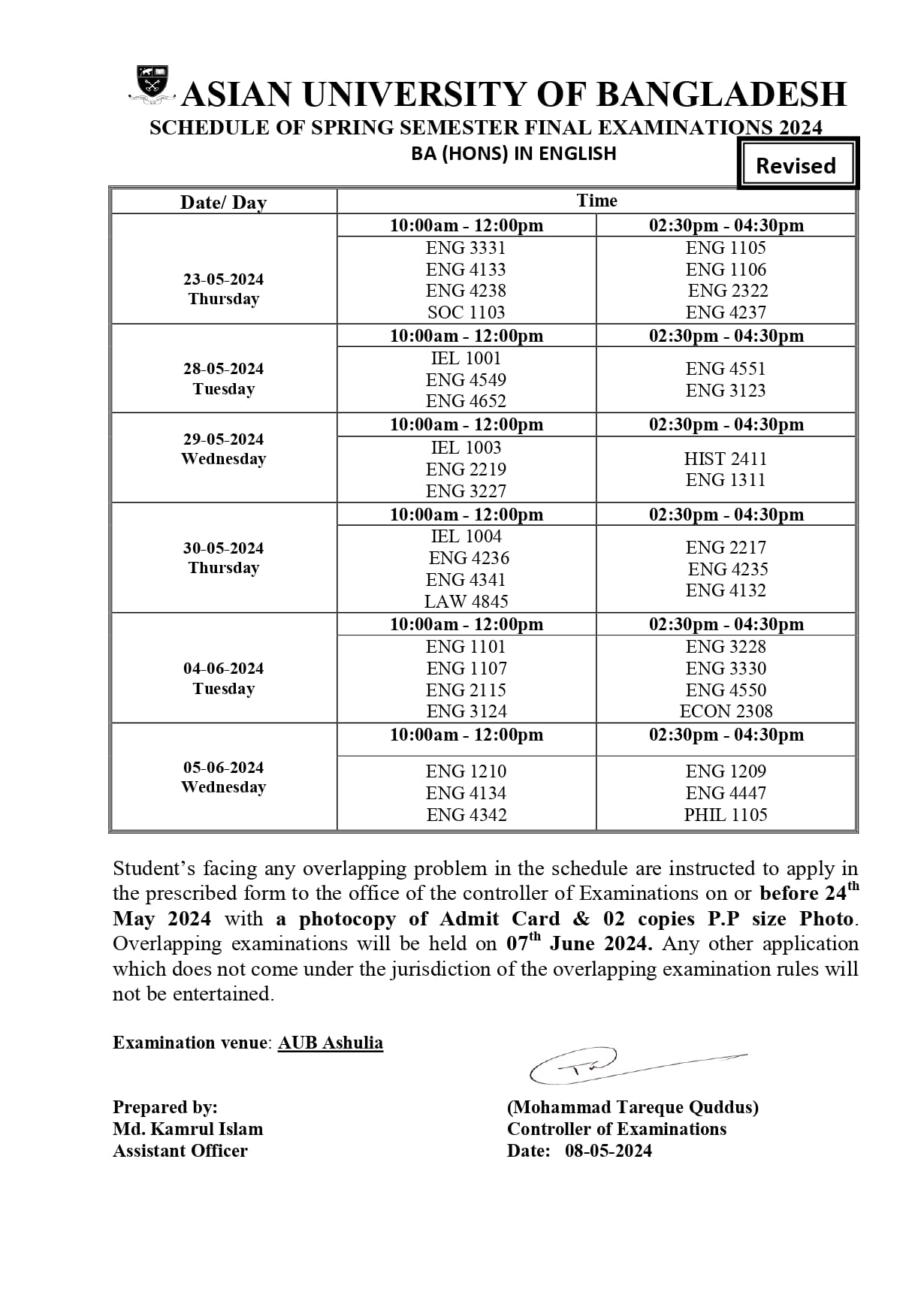 Spring 2024 Final exam Routine - Dept. of English