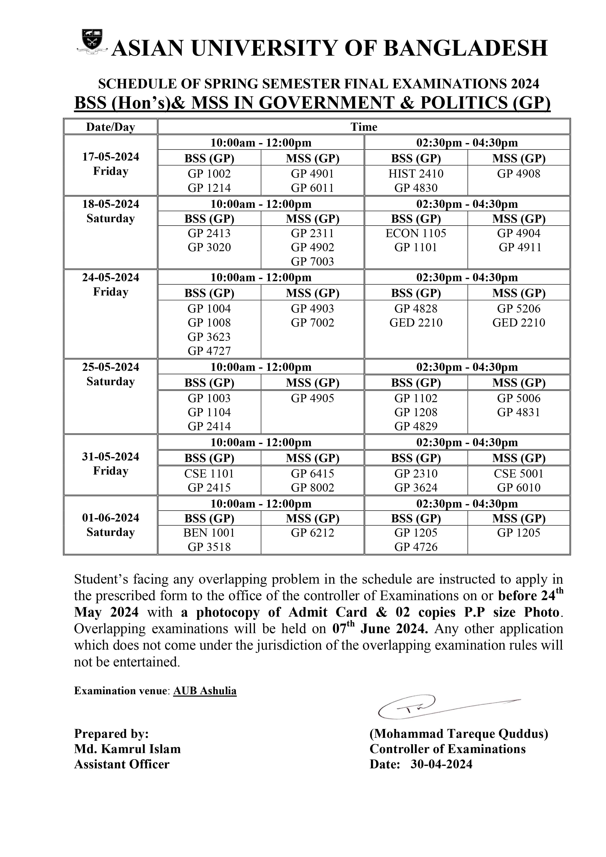 Important Dates Asian University of Bangladesh (AUB)