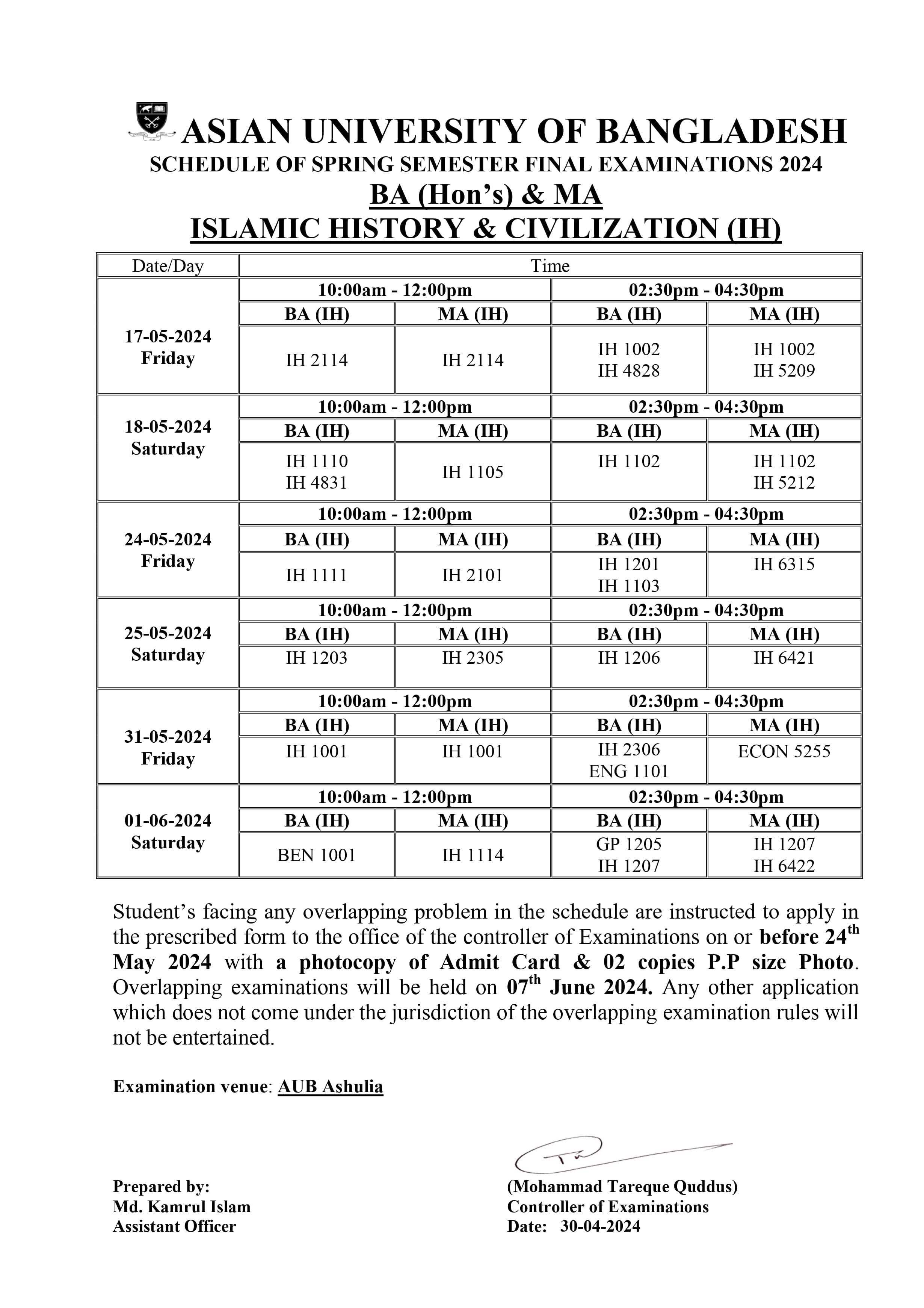 Spring 2024 Final exam Routine - Dept. of Islamic History & Civilization