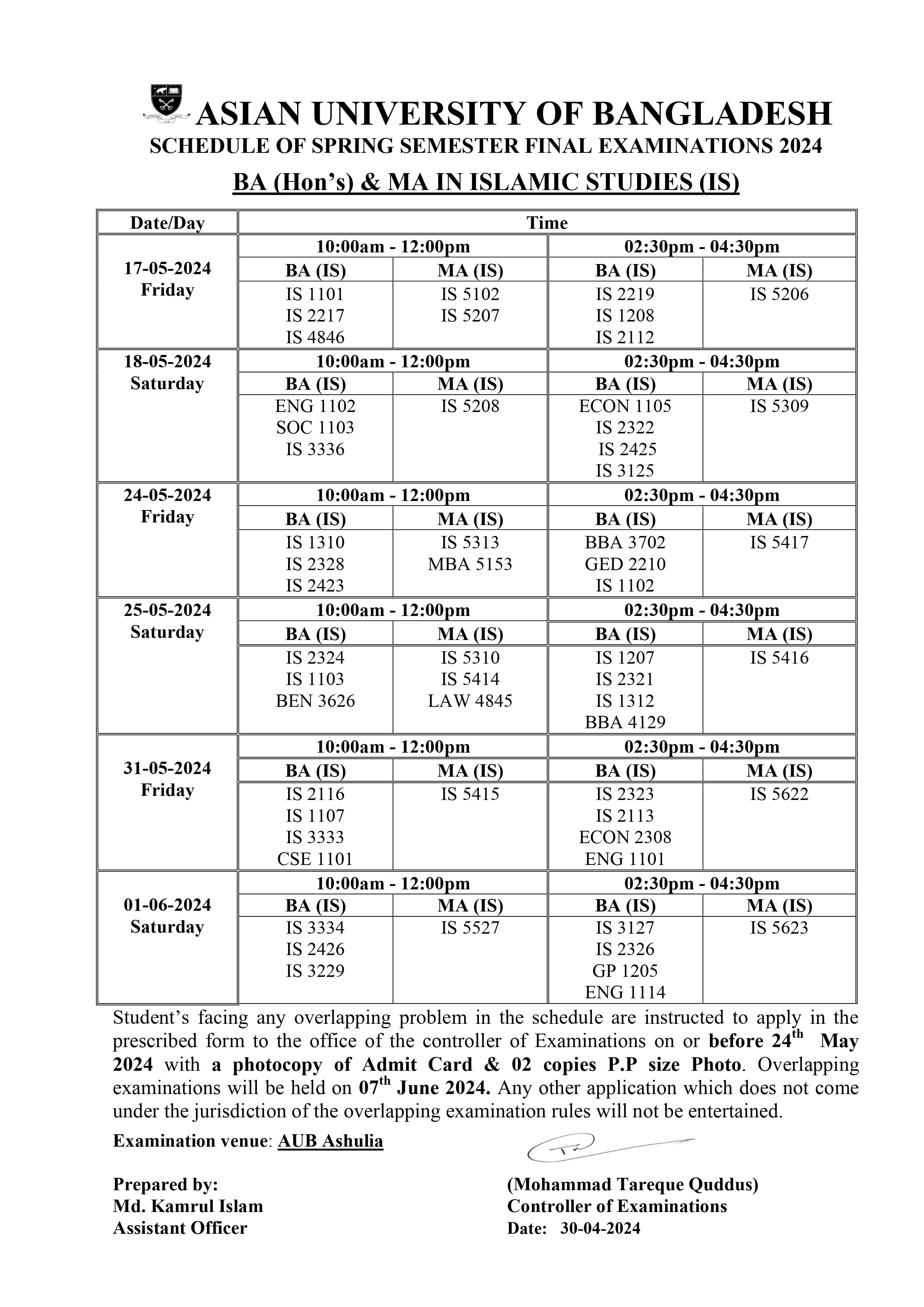 Spring 2024 Final exam Routine - Dept. of Islamic Studies