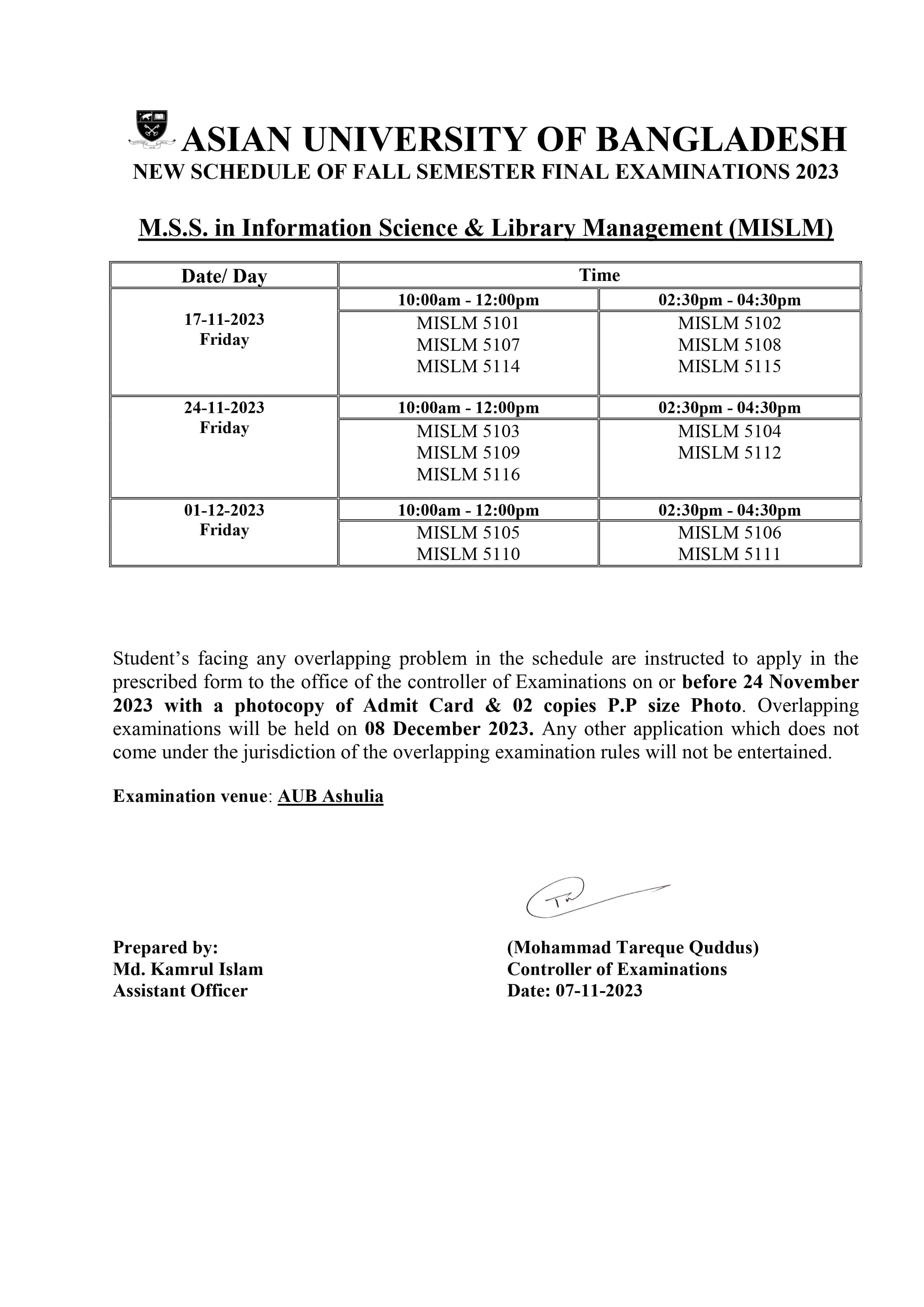 Fall 2023 Semester Final Exam Routine - Department of Information Science & Library Management