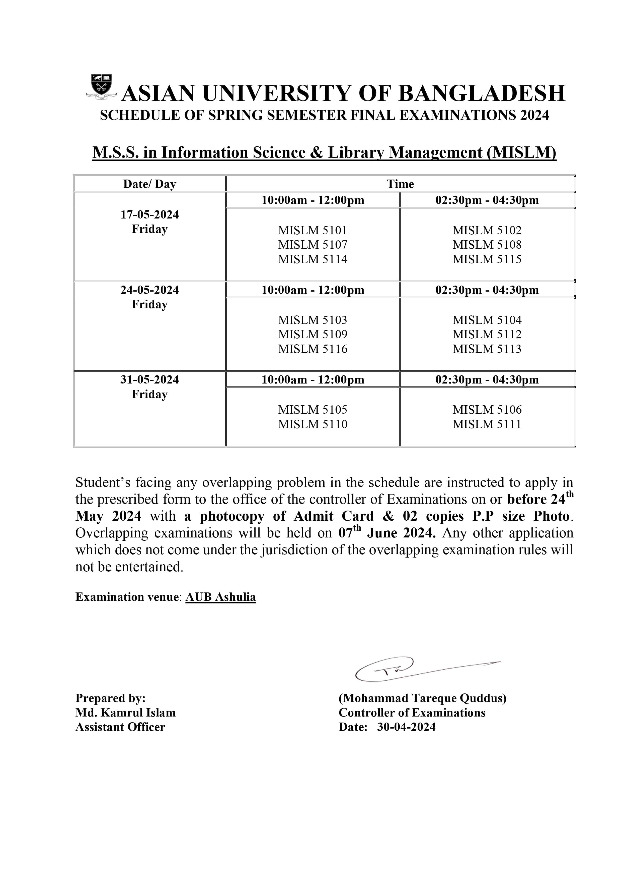 Spring 2024 Final exam Routine - Dept. of Information Science & Library Management