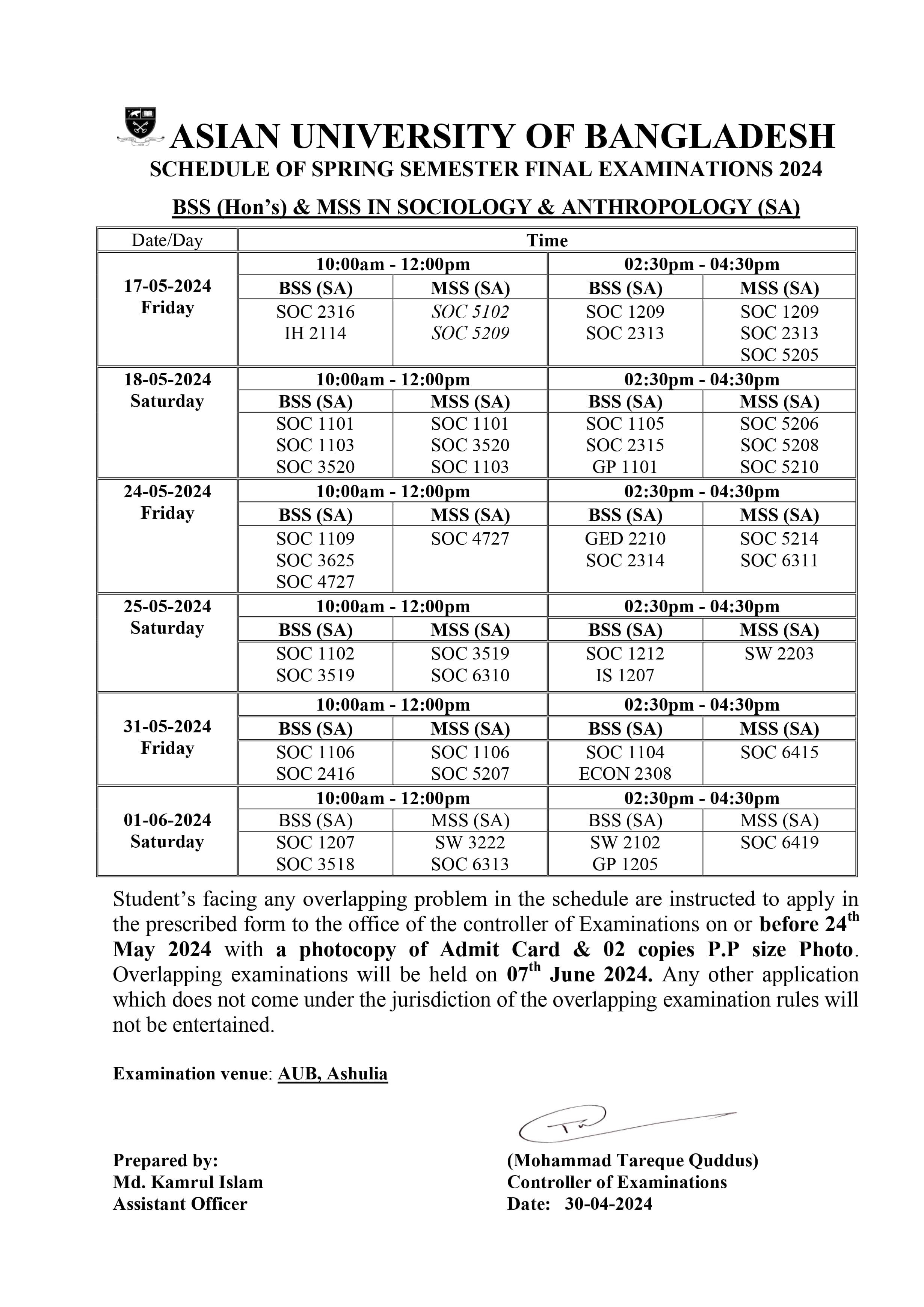 Spring 2024 Final exam Routine - Dept. of Sociology & Anthropology