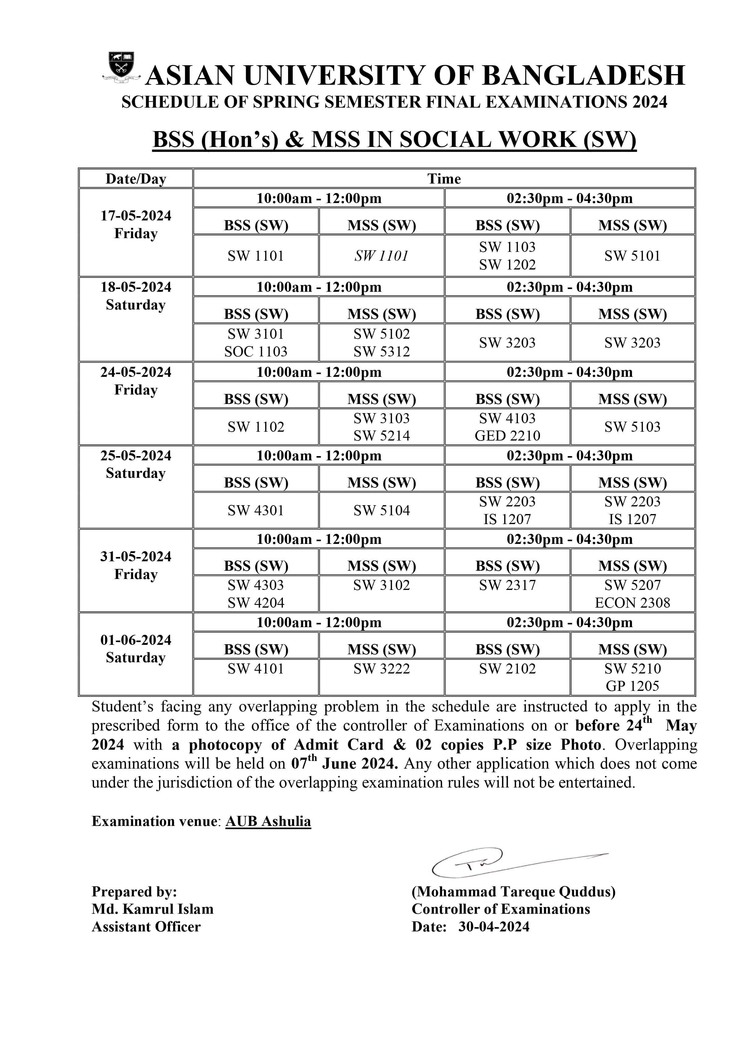 Spring 2024 Final exam Routine Dept. of Social Work Asian